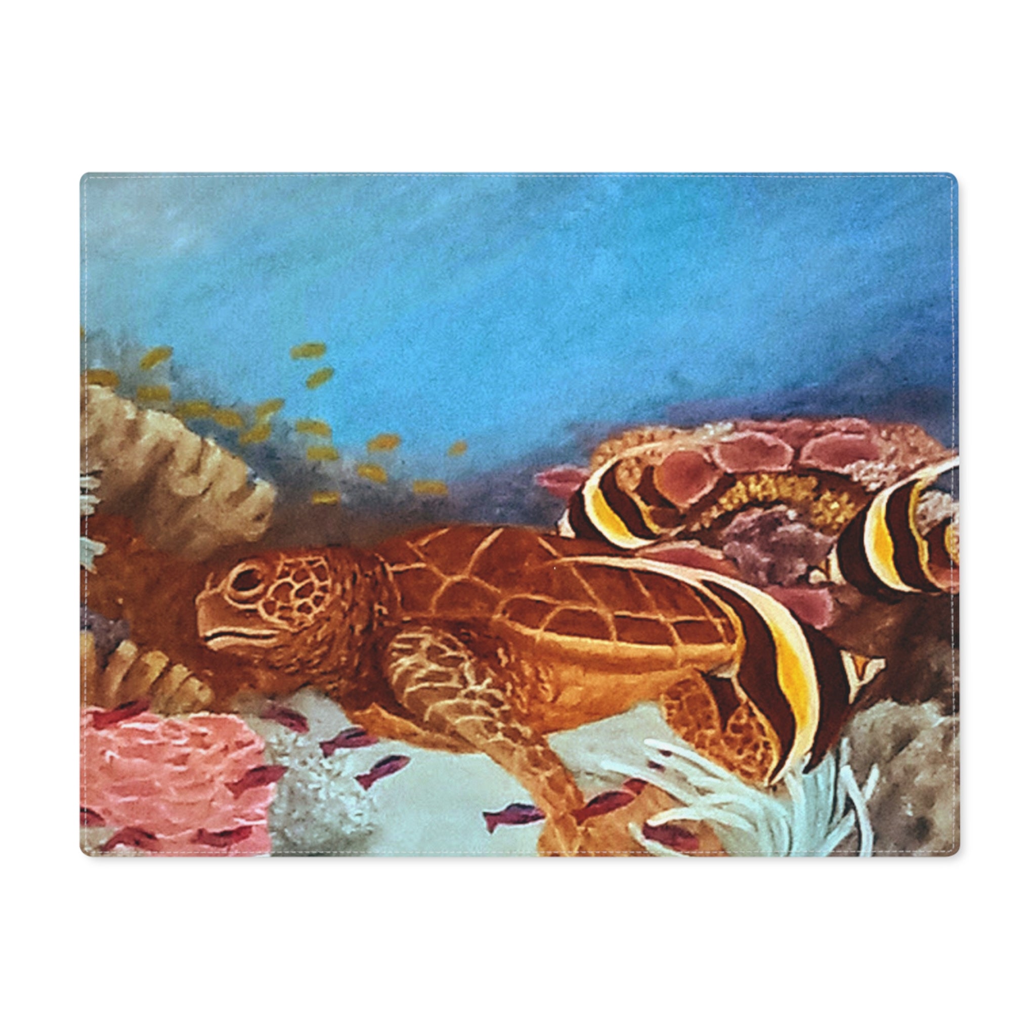 Artistic sea turtle and coral reef with fish on a blue background