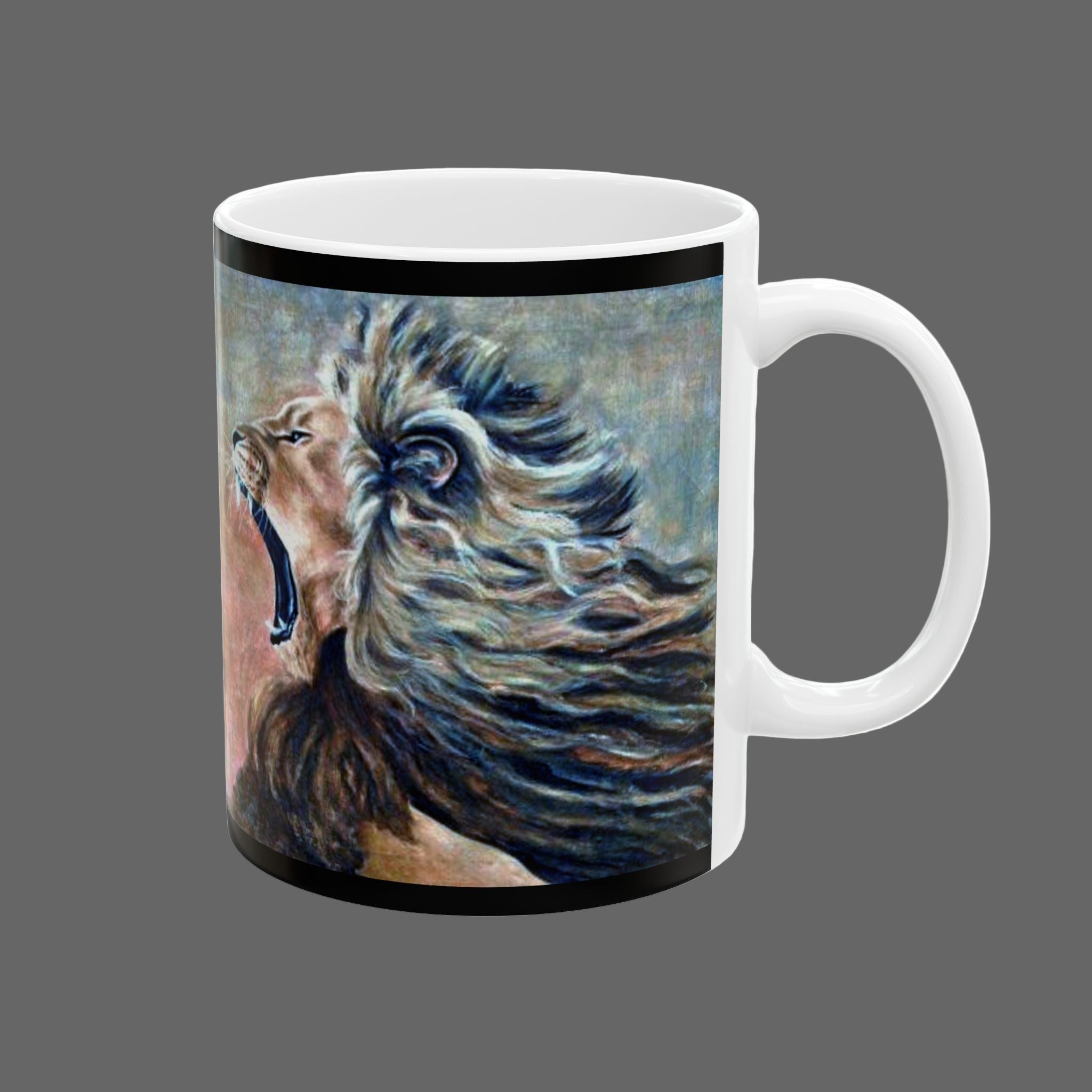 Mug with a lion painting on a dark gray background