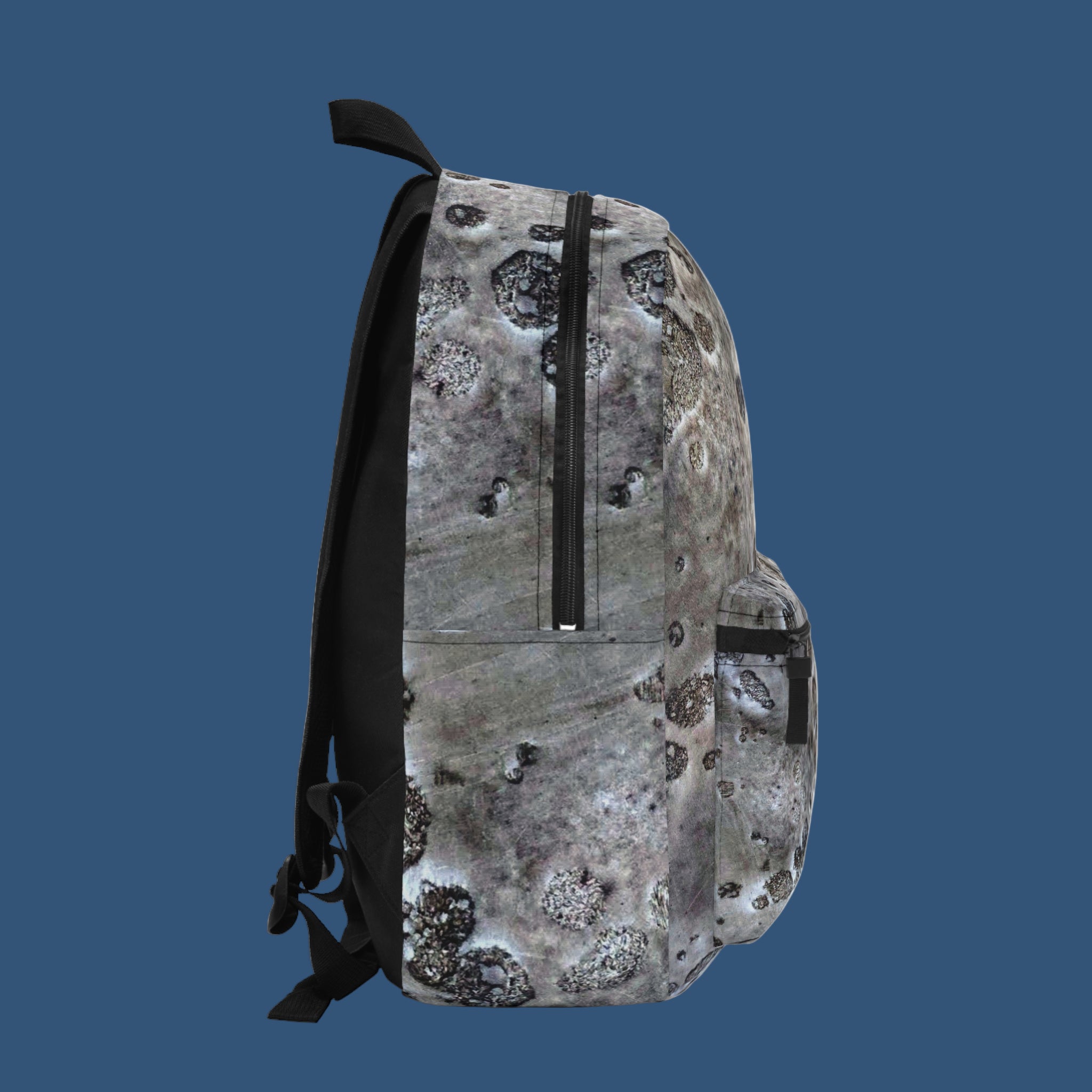 Backpack with a gray and black pattern on a white background