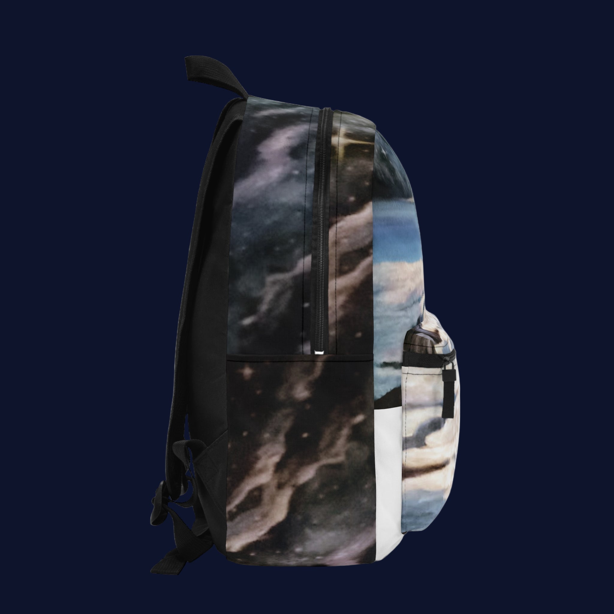 Backpack with a space-themed design on a dark navy background