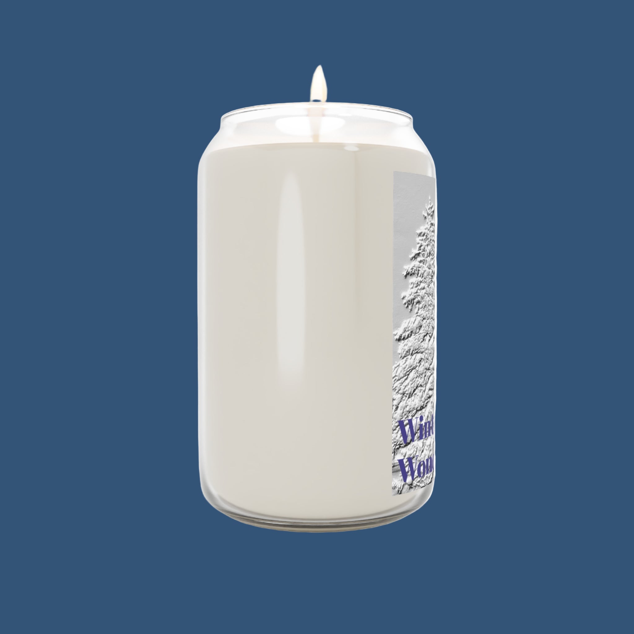 White candle in a glass jar with decorative text on a blue background