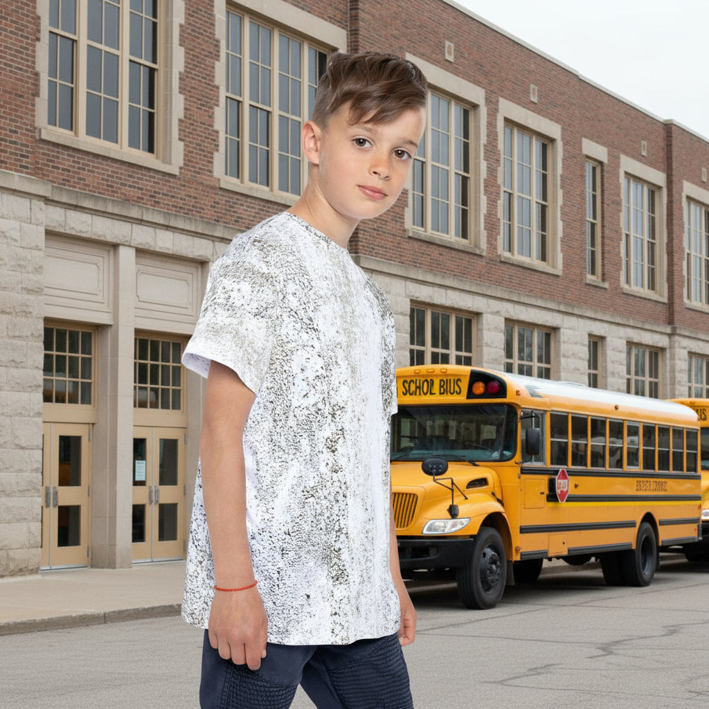 Child wearing a white and grey abstract print shirt on a white background