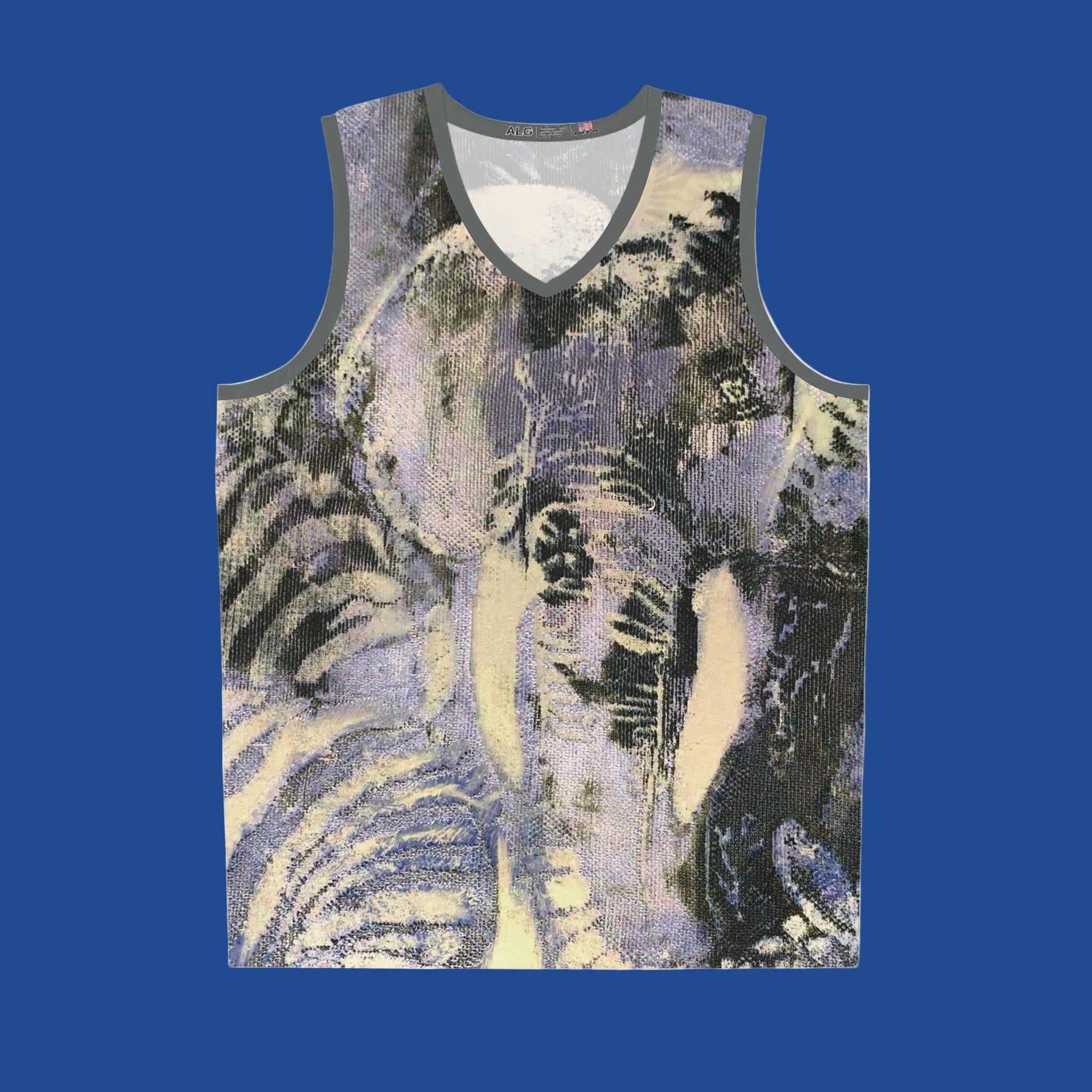 Multicolored sleeveless shirt with elephant abstract design on a blue background