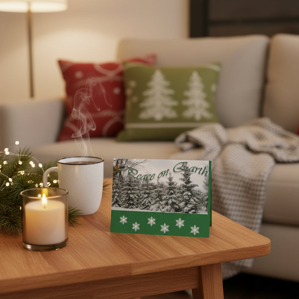 Christmas card with snowy trees and 'Peace on Earth' text