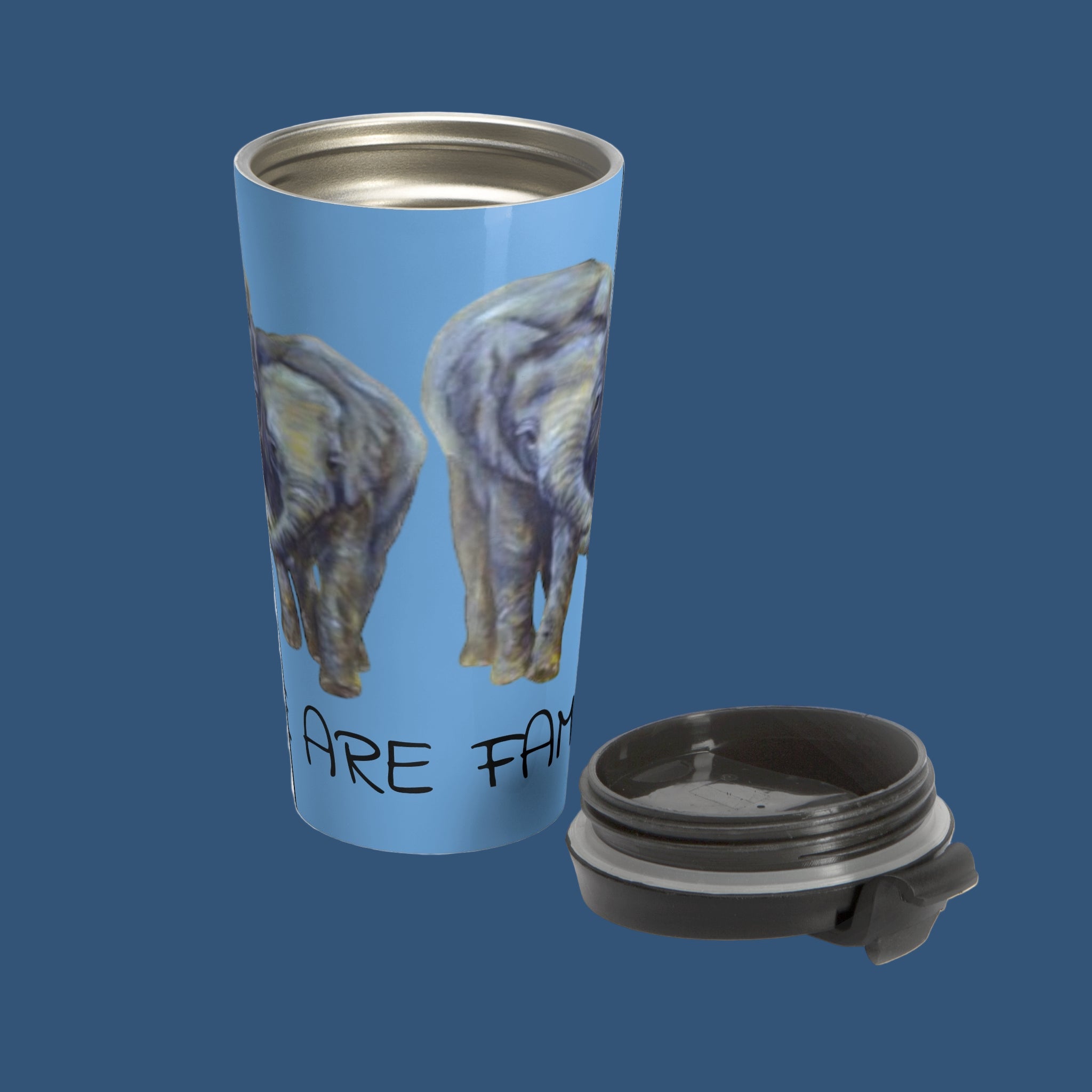 Travel mug with elephant design and We are Family text on a blue background