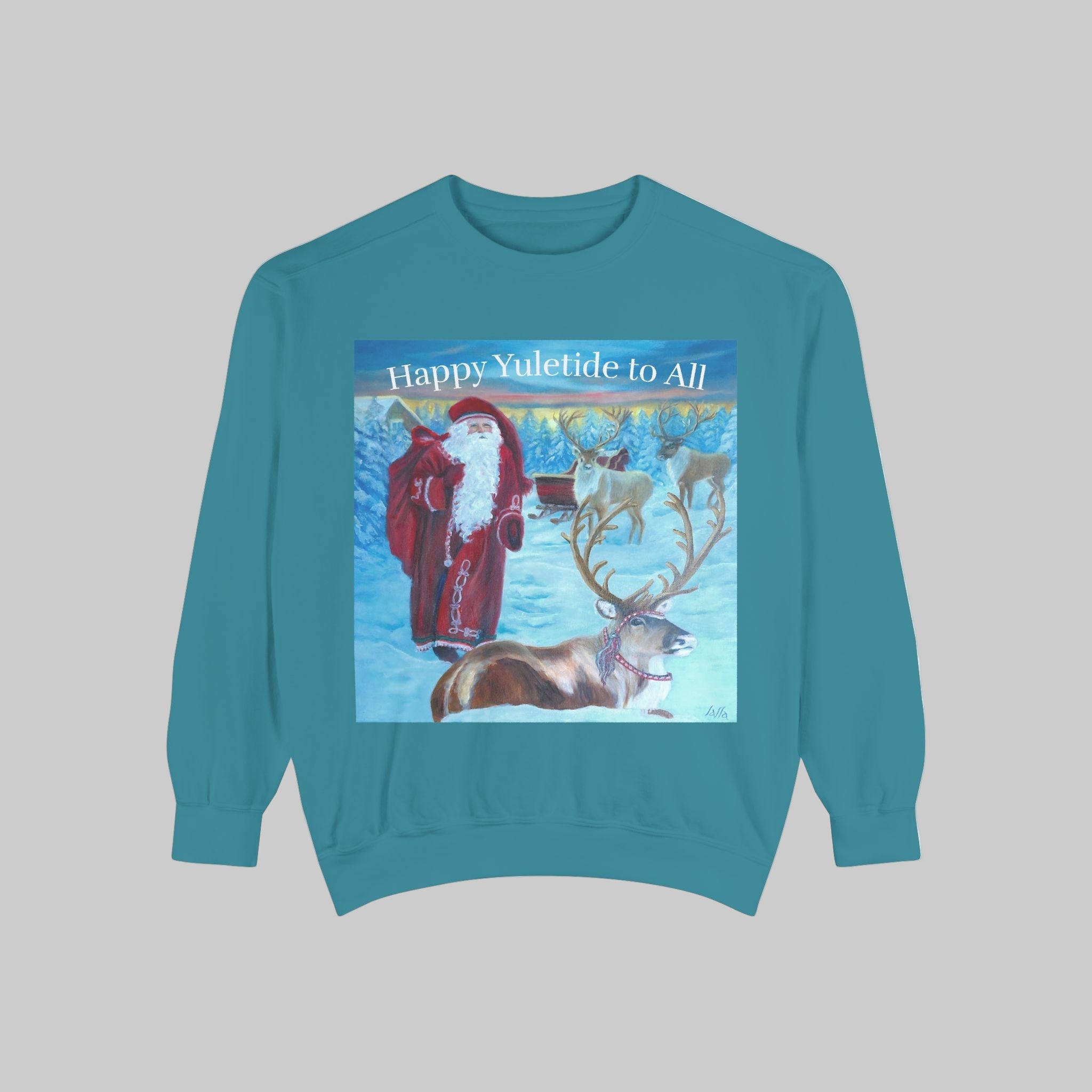 Teal sweatshirt with a Christmas design featuring Santa Claus and reindeer on a light background