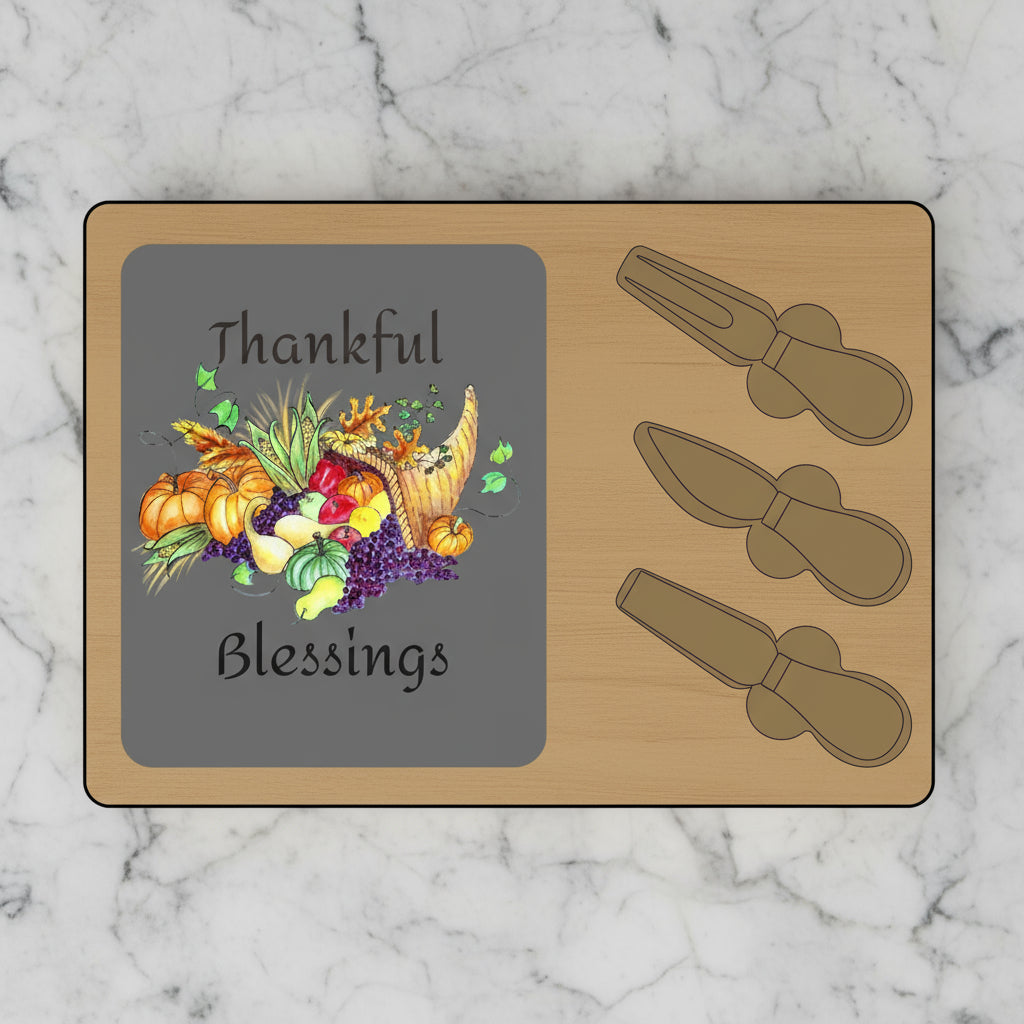 Thankful Blessings placemat with cornucopia design and knife cutouts on a white background