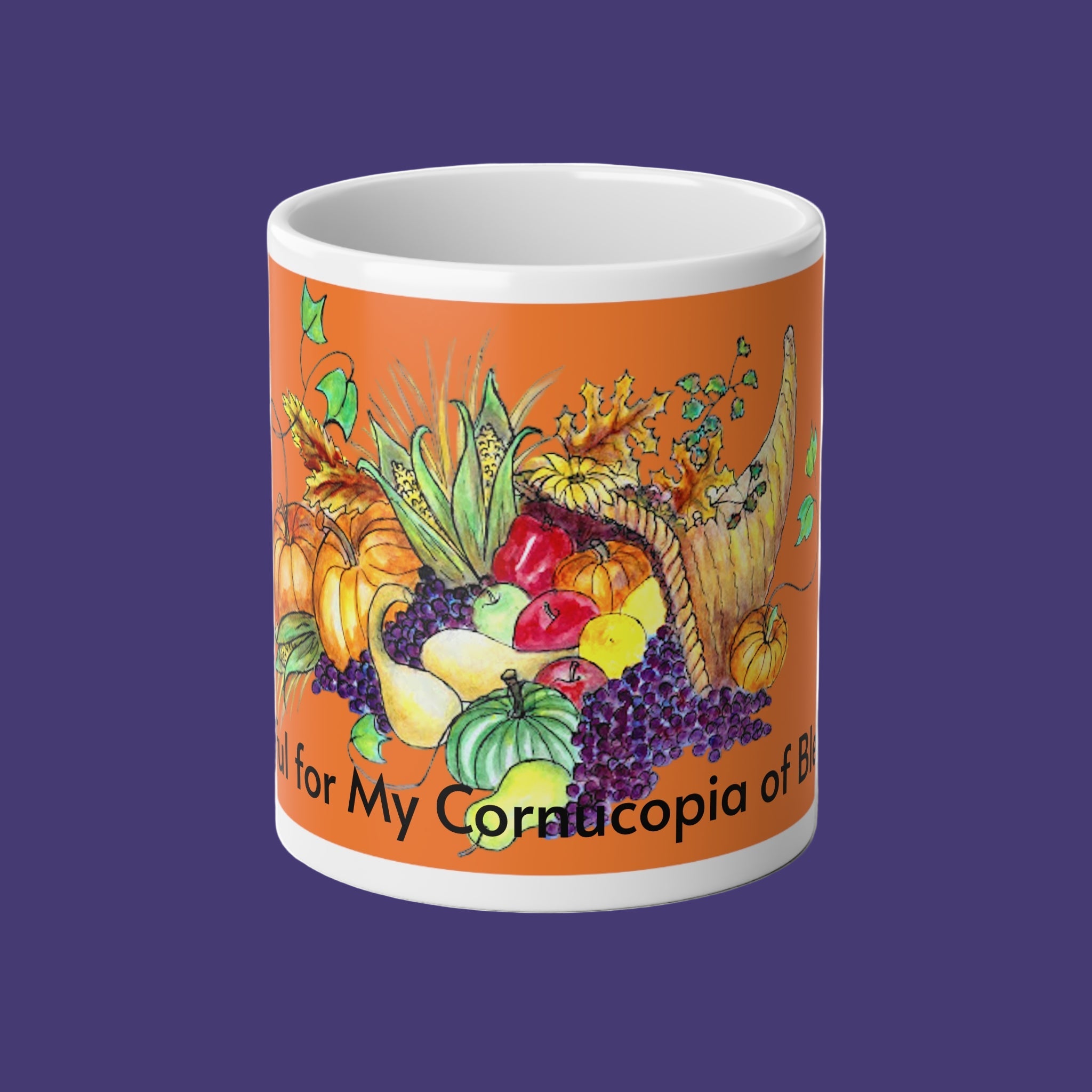 Mug with a colorful design of fruits and vegetables on an orange background