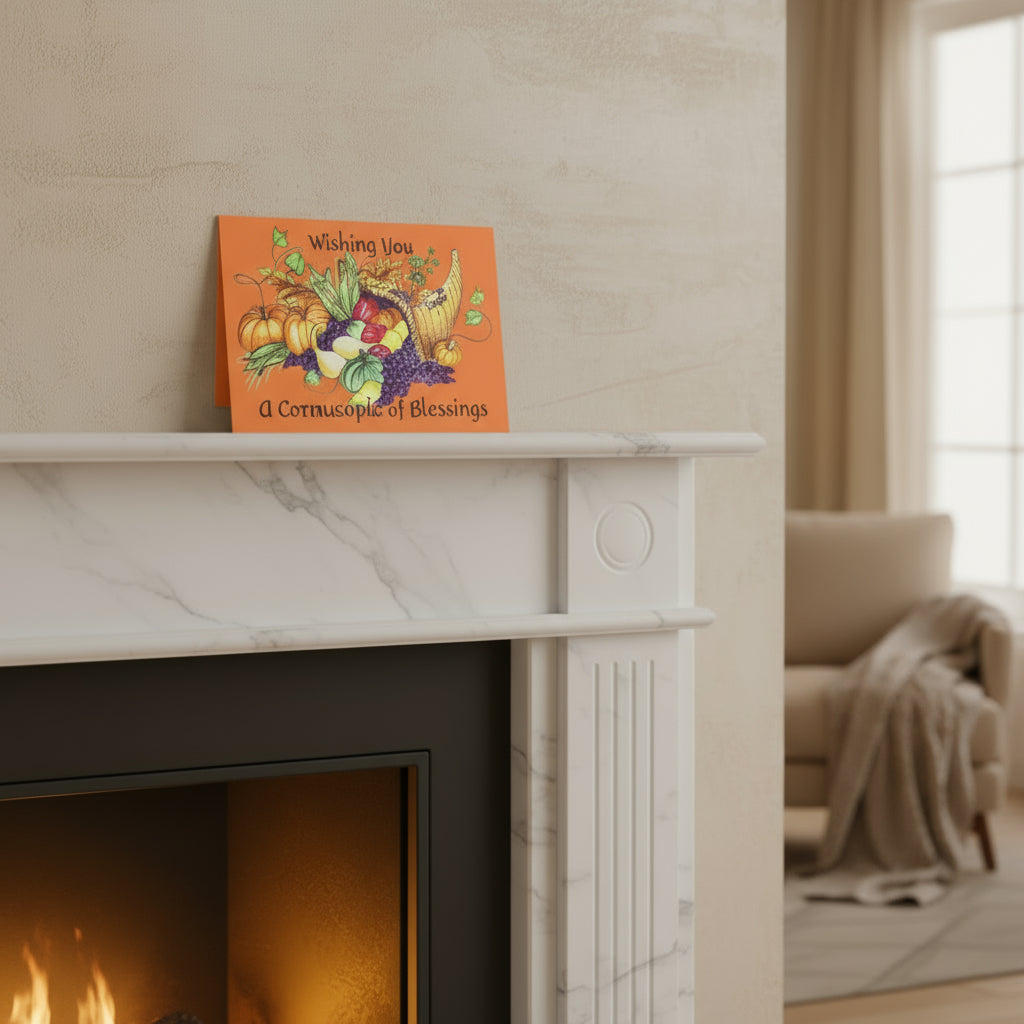 Greeting card with autumn-themed illustration and text on an orange background