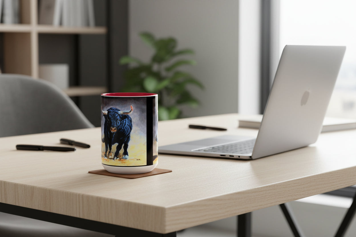 15 oz. Mug with artist painting of a bull on both sides with red interior and handle