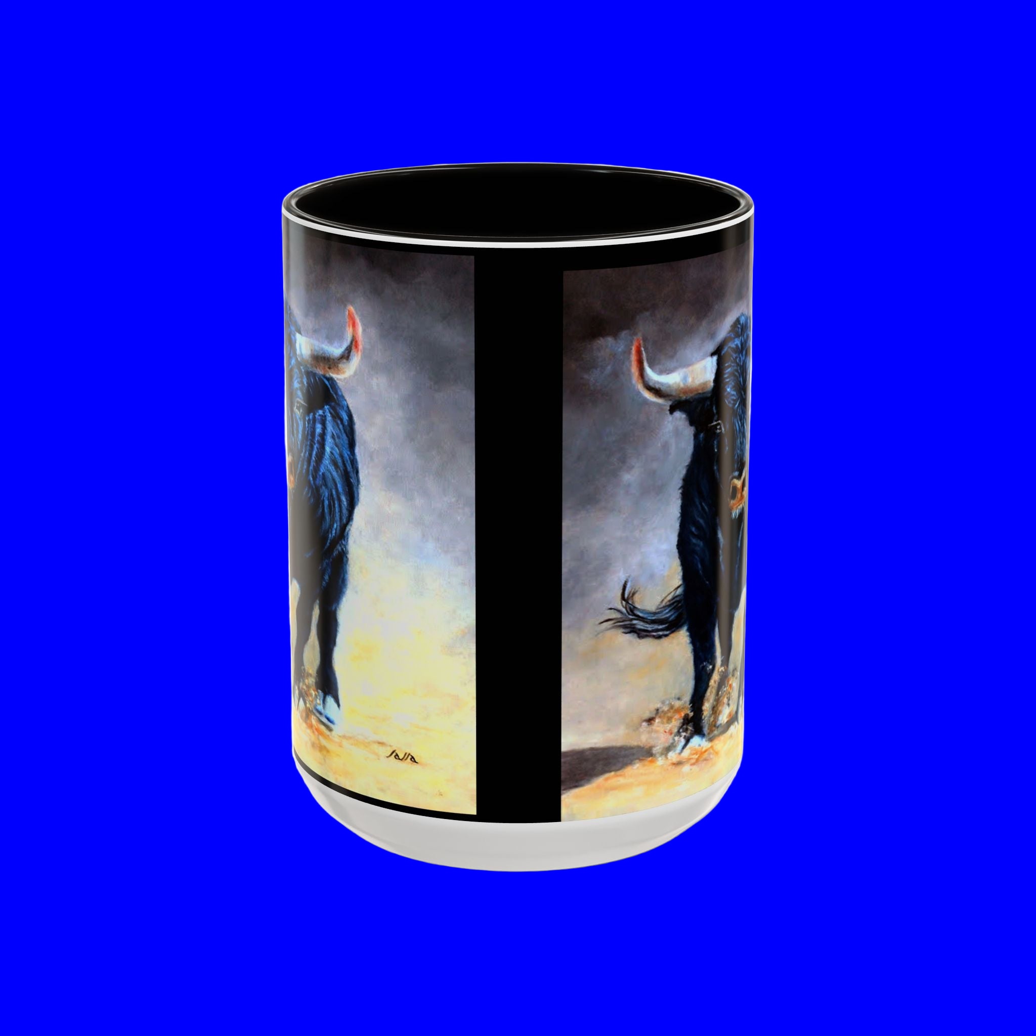 Mug with artistic depiction of a bull on a white background