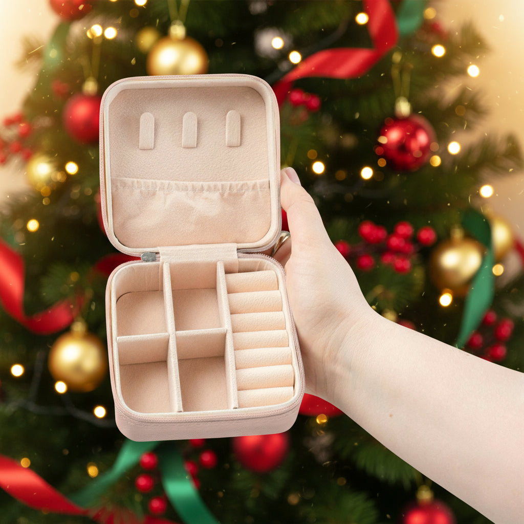 Light Pink  jewelry case with compartments held open by a hand on a Christmas background