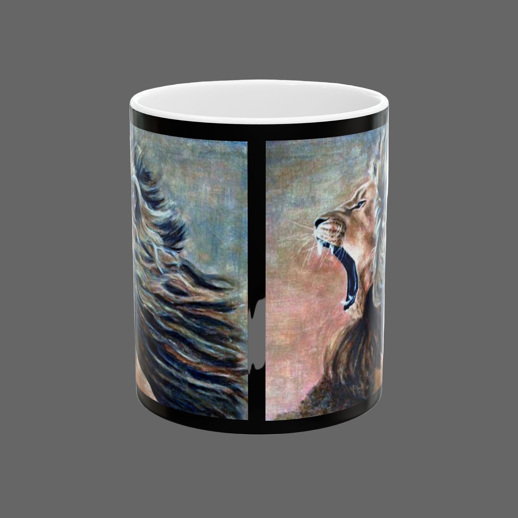 Mug with artistic depiction of a lion and zebra on a dark gray background