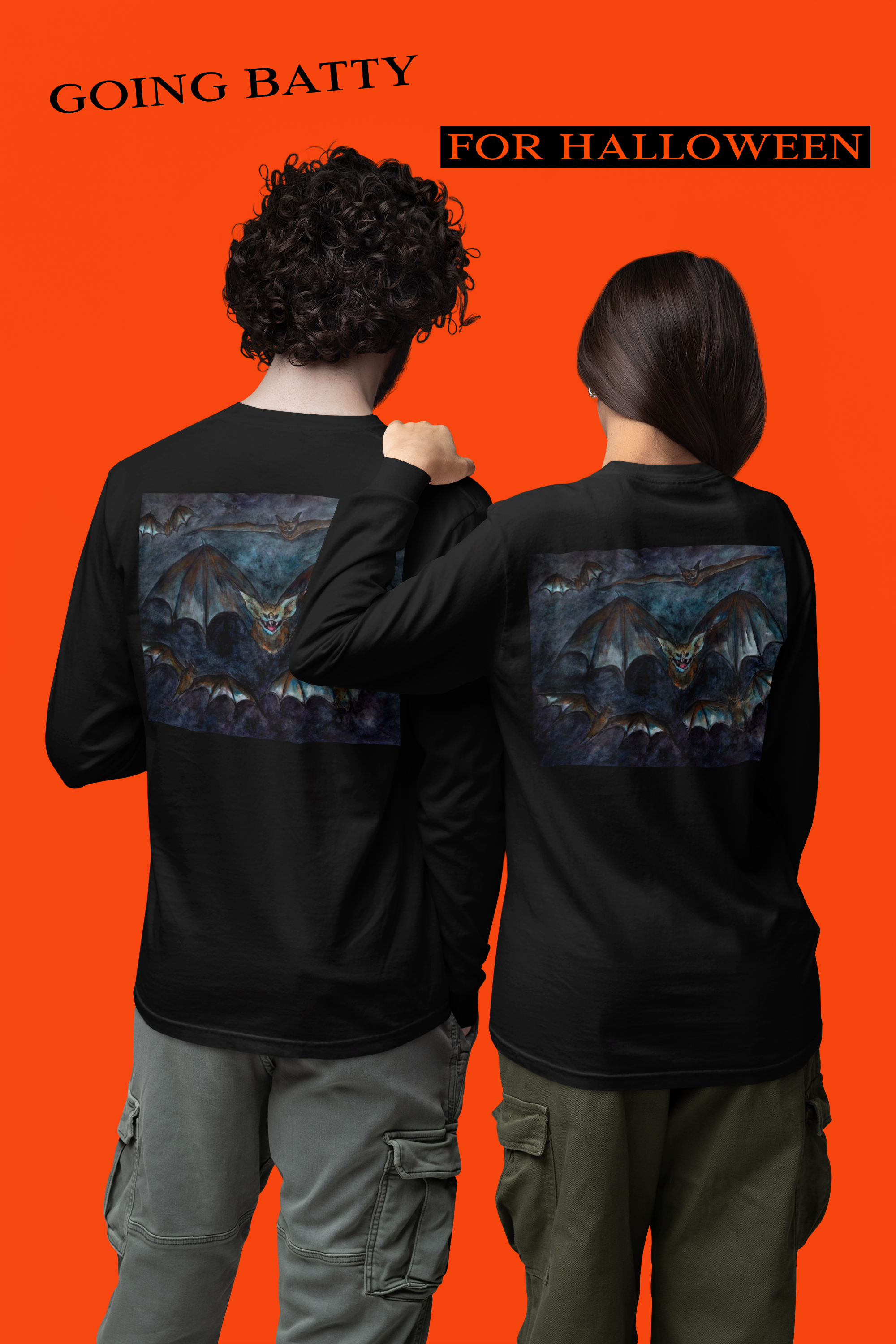 Two people wearing black shirts with bat designs on an orange background, text 'Going Batty for Halloween'.