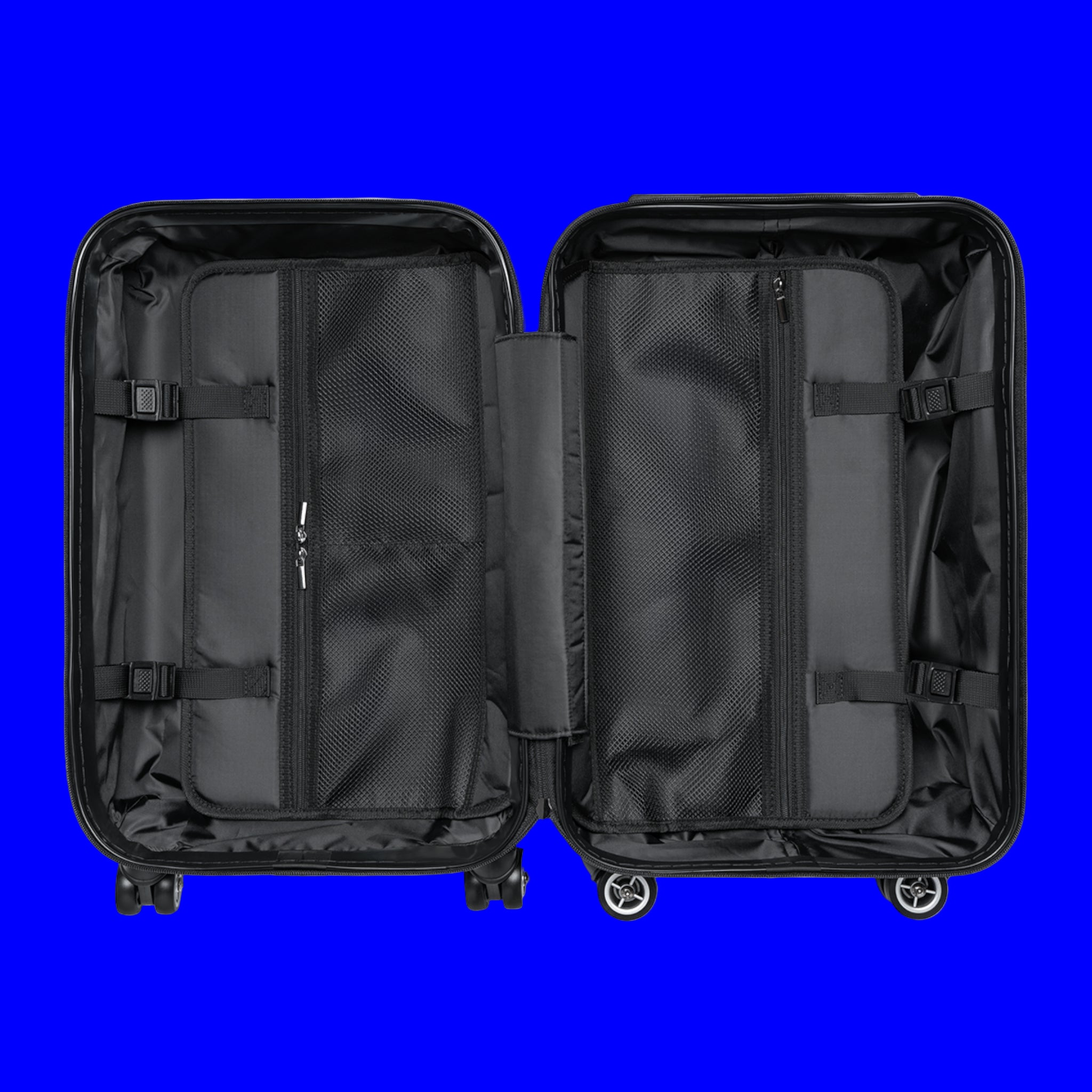 open luggage view with pockets and straps