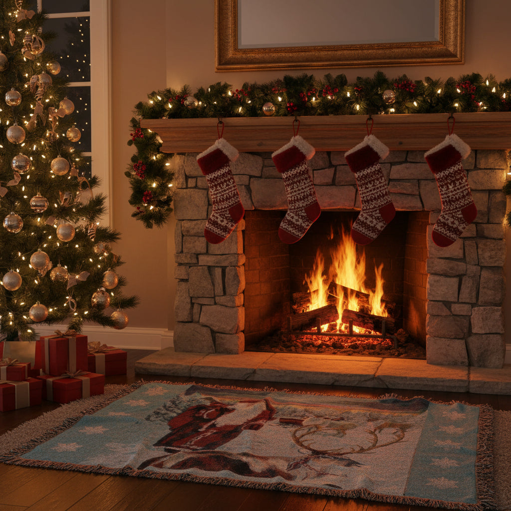 Woven blanket with Santa Claus and reindeer design on a snowy landscape