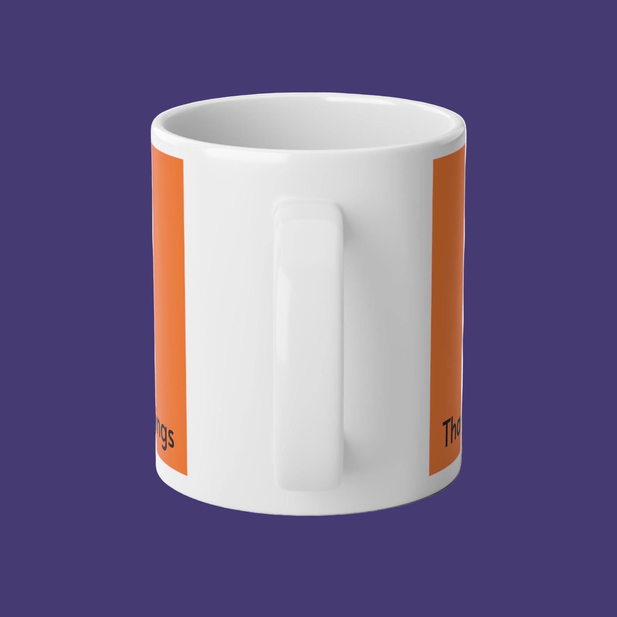 White mug with Cornucopia text on a purple background