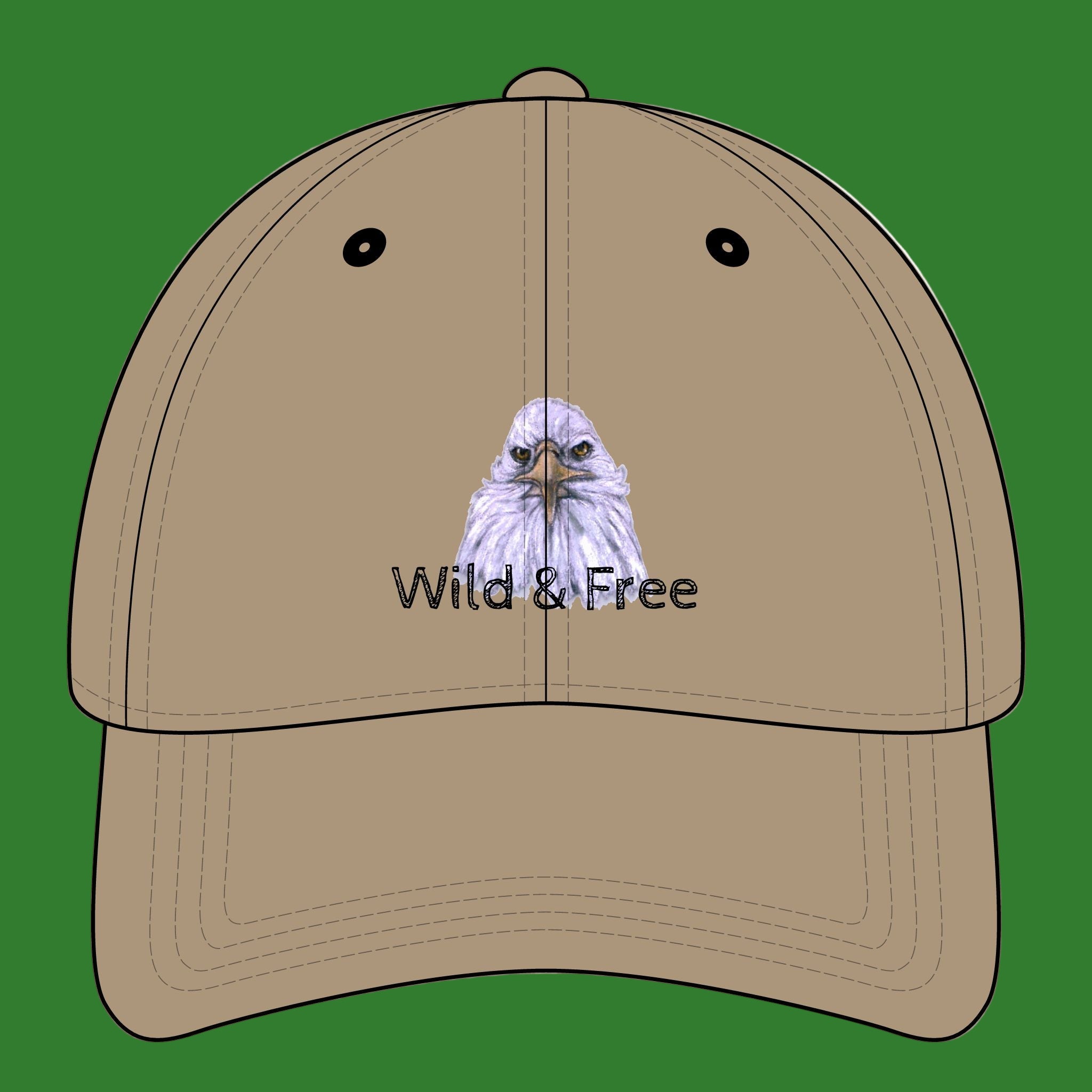 Beige cap with an eagle design and 'Wild & Free' text on a green background