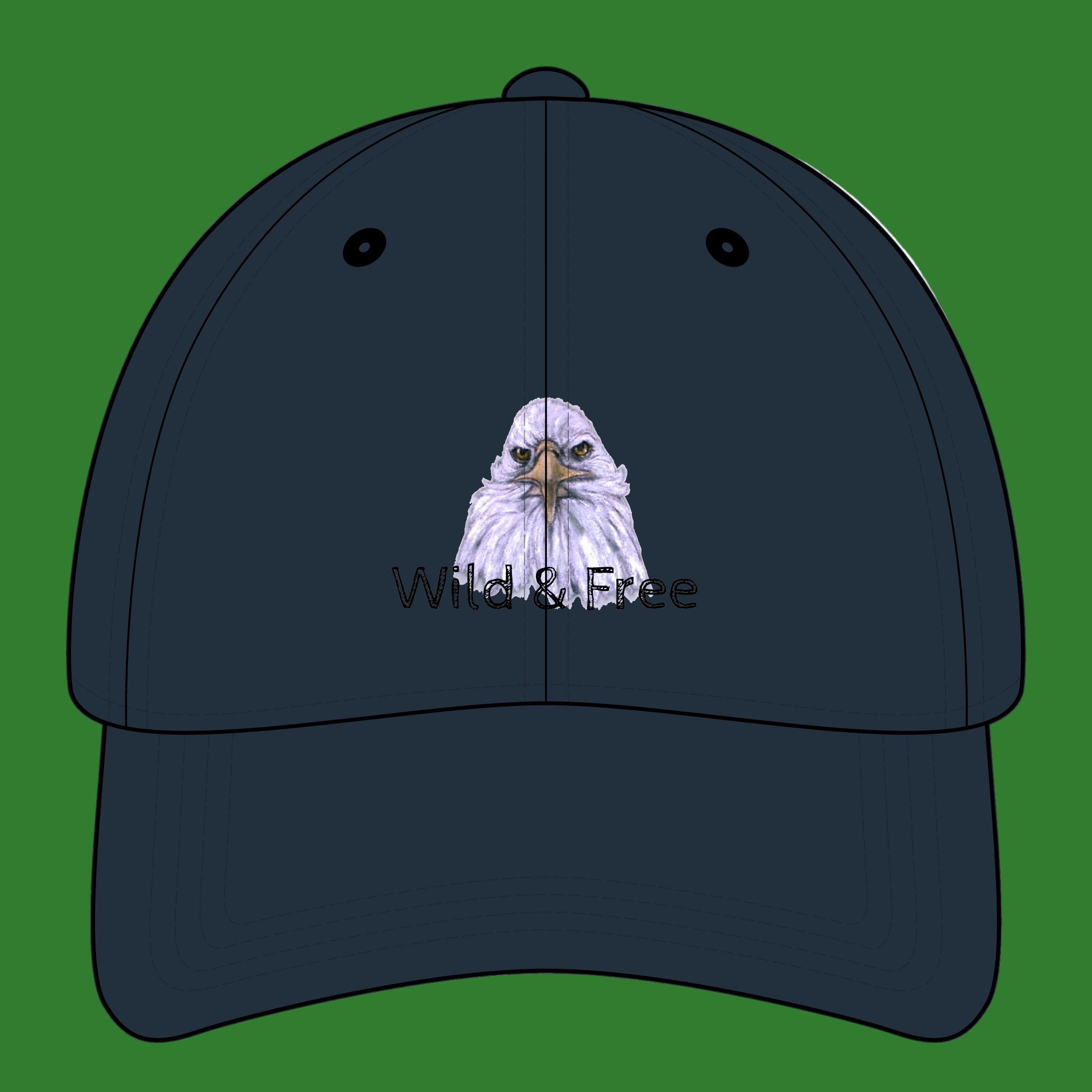 Navy blue cap with an eagle design and 'Wild & Free' text on a green background