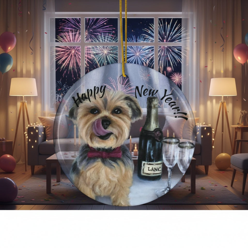 Round ceramic ornament with a Yorkie and champagne design, featuring 'Happy New Year' text.