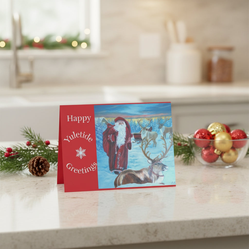 Christmas card with Santa Claus and reindeer in a snowy scene, featuring 'Happy Yuletide Greetings' text.
