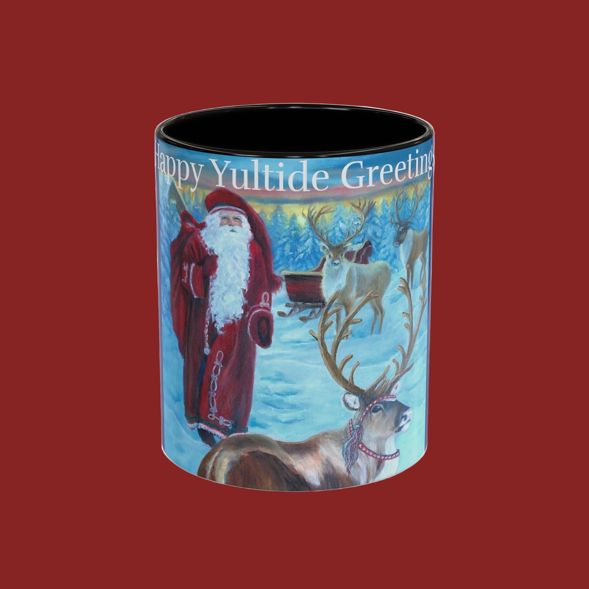 Mug with Santa Claus and reindeer design on a white background