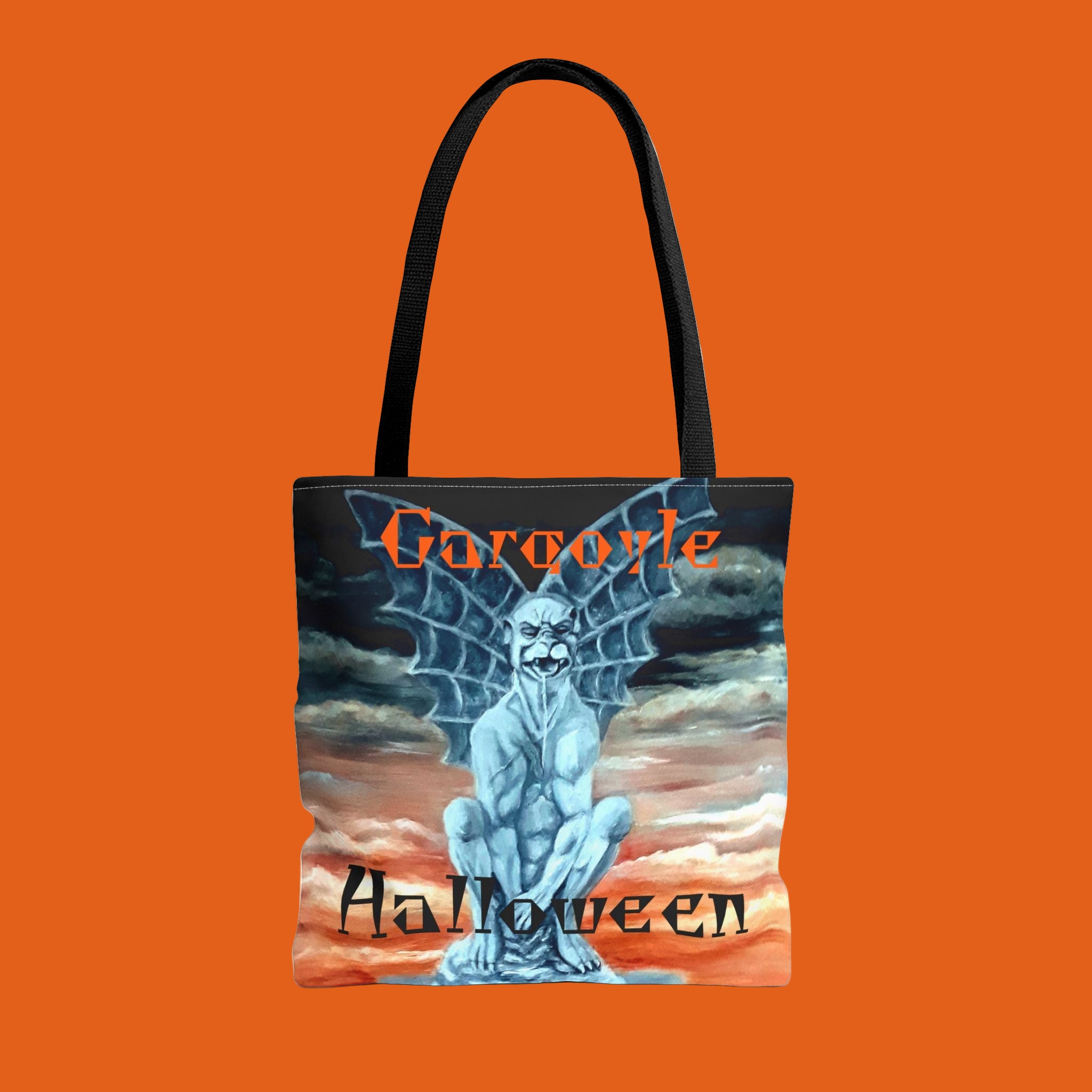 Tote bag with a gargoyle design and 'Halloween' text on an orange background