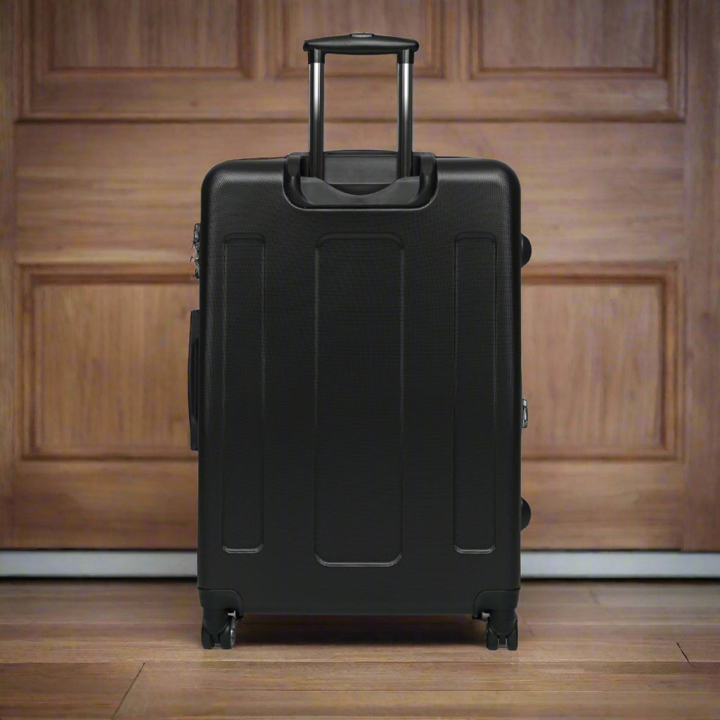 Black suitcase with wheels on a white background