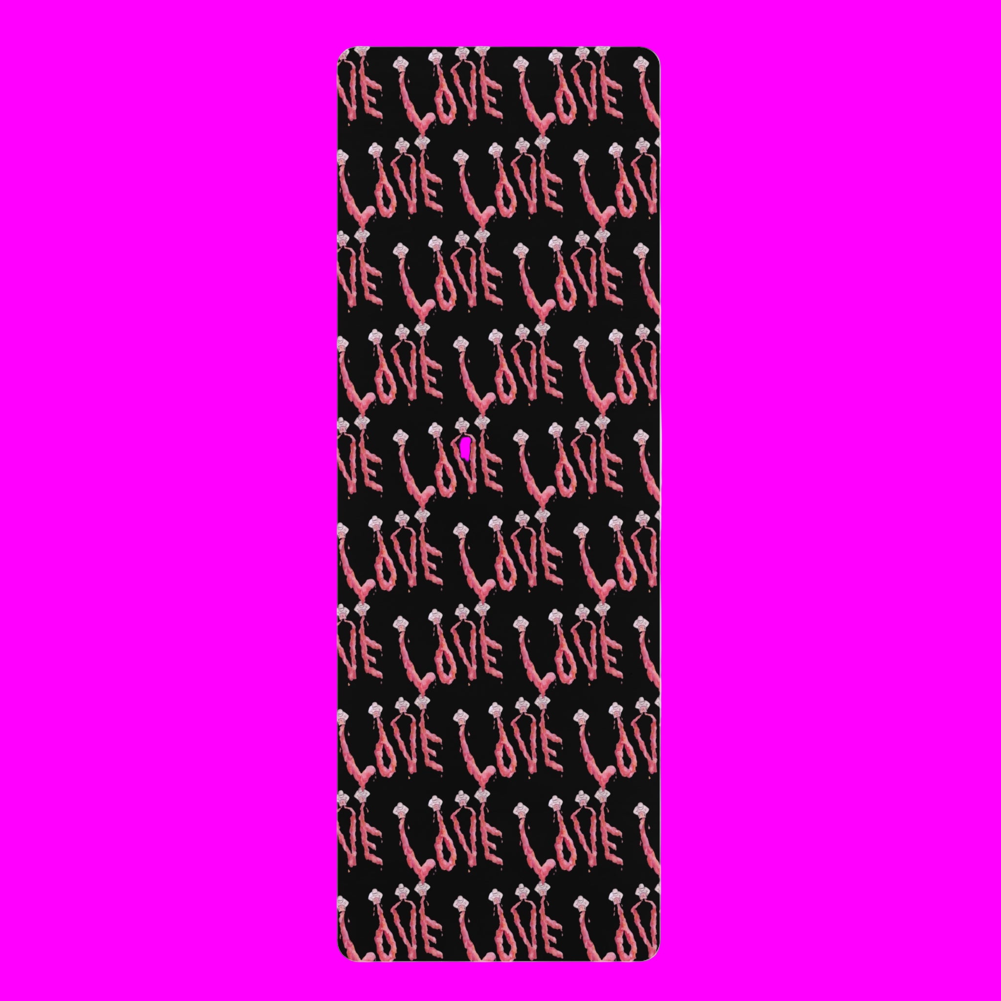 Black yoga mat with pink 'LOVE' text pattern on a white background