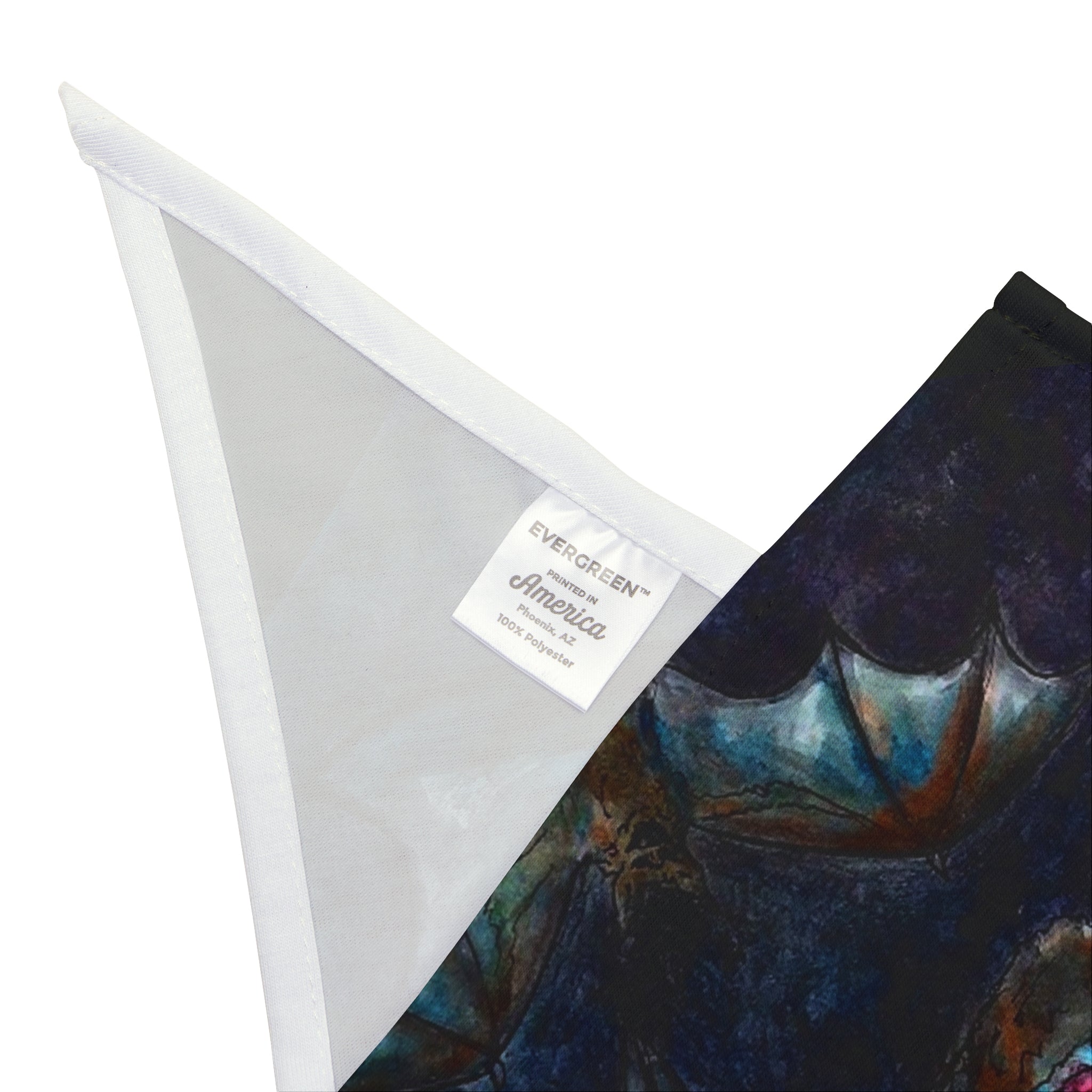 Colorful fabric with a brand tag on a white background