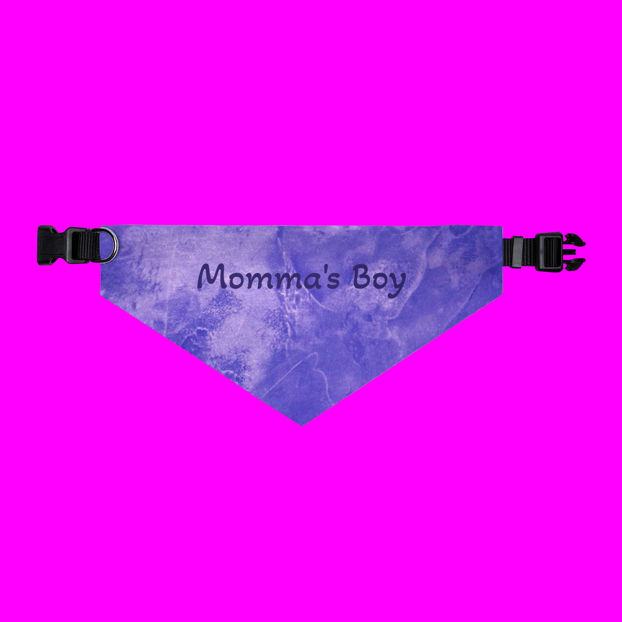 Blue bandana with 'Momma's Boy' text on a pink background