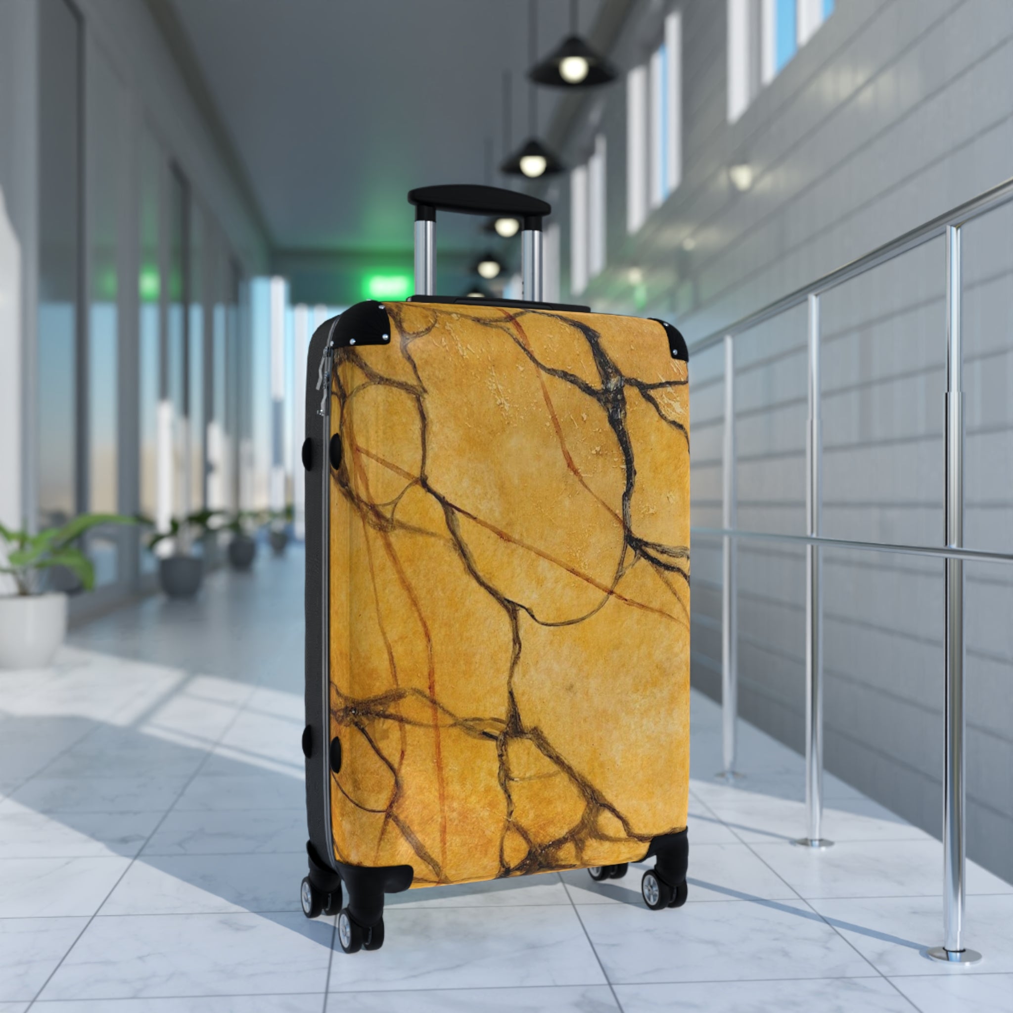 Marble-patterned suitcase in a modern indoor setting