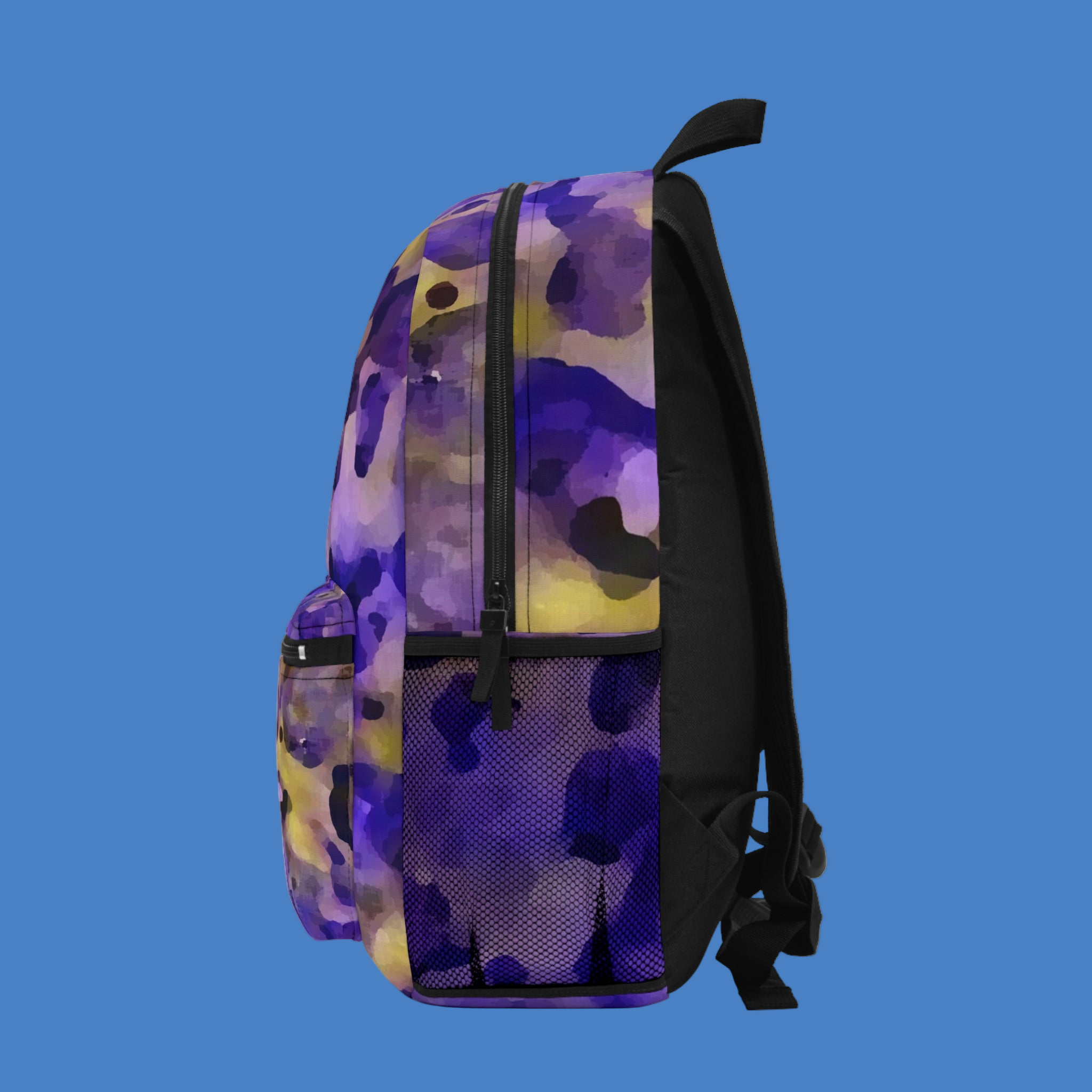 Backpack with purple and yellow camouflage pattern on a white background