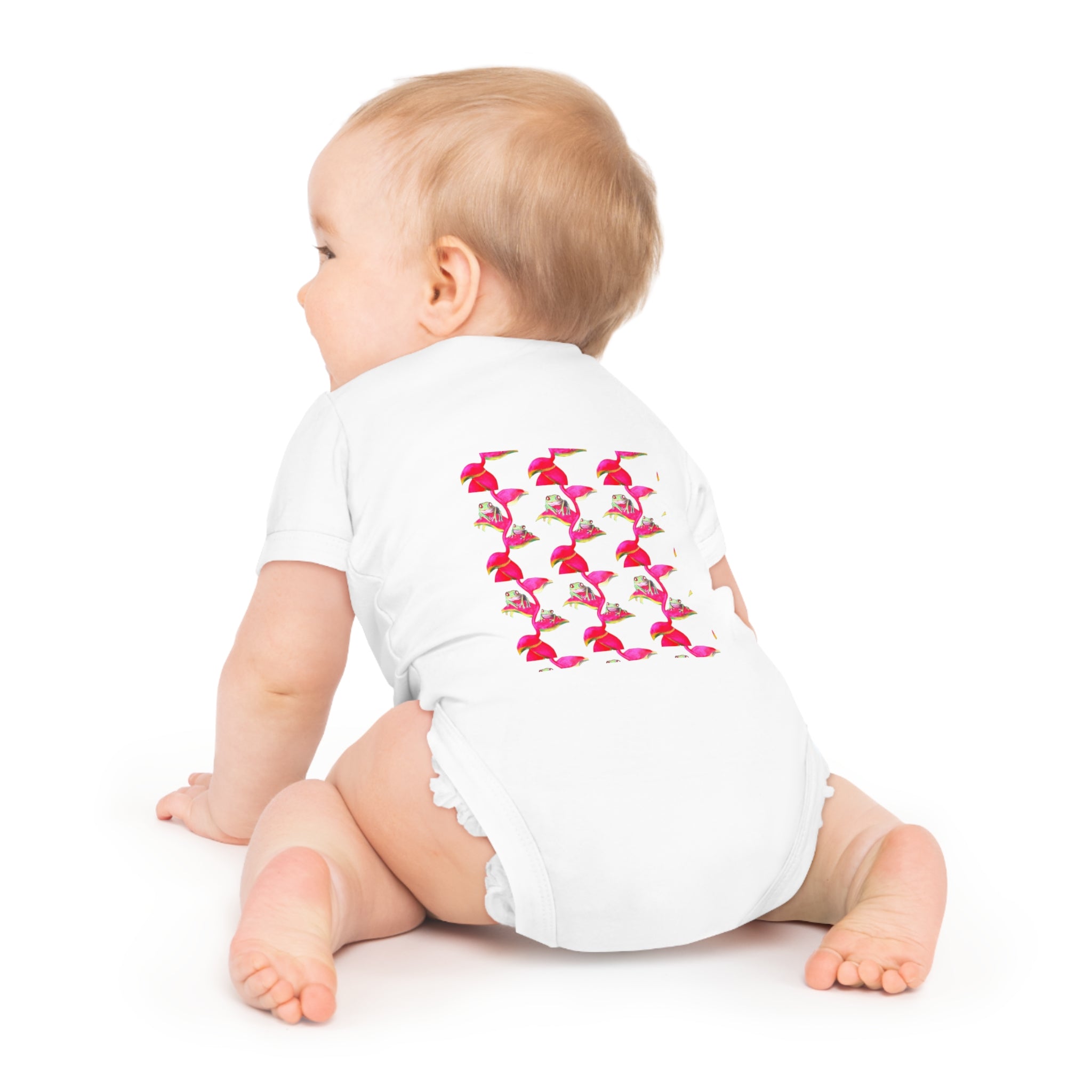 Cute Baby Bodysuit adorned with Tiny Tropical Frogs