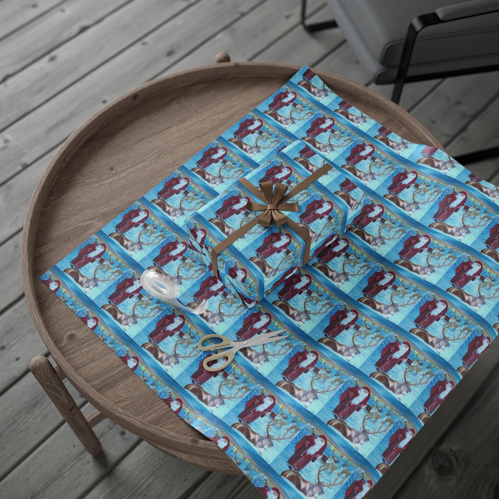Holiday Wrapping Paper - Vintage Santa and Reindeer at the North Pole - Matte or Glossy Finish