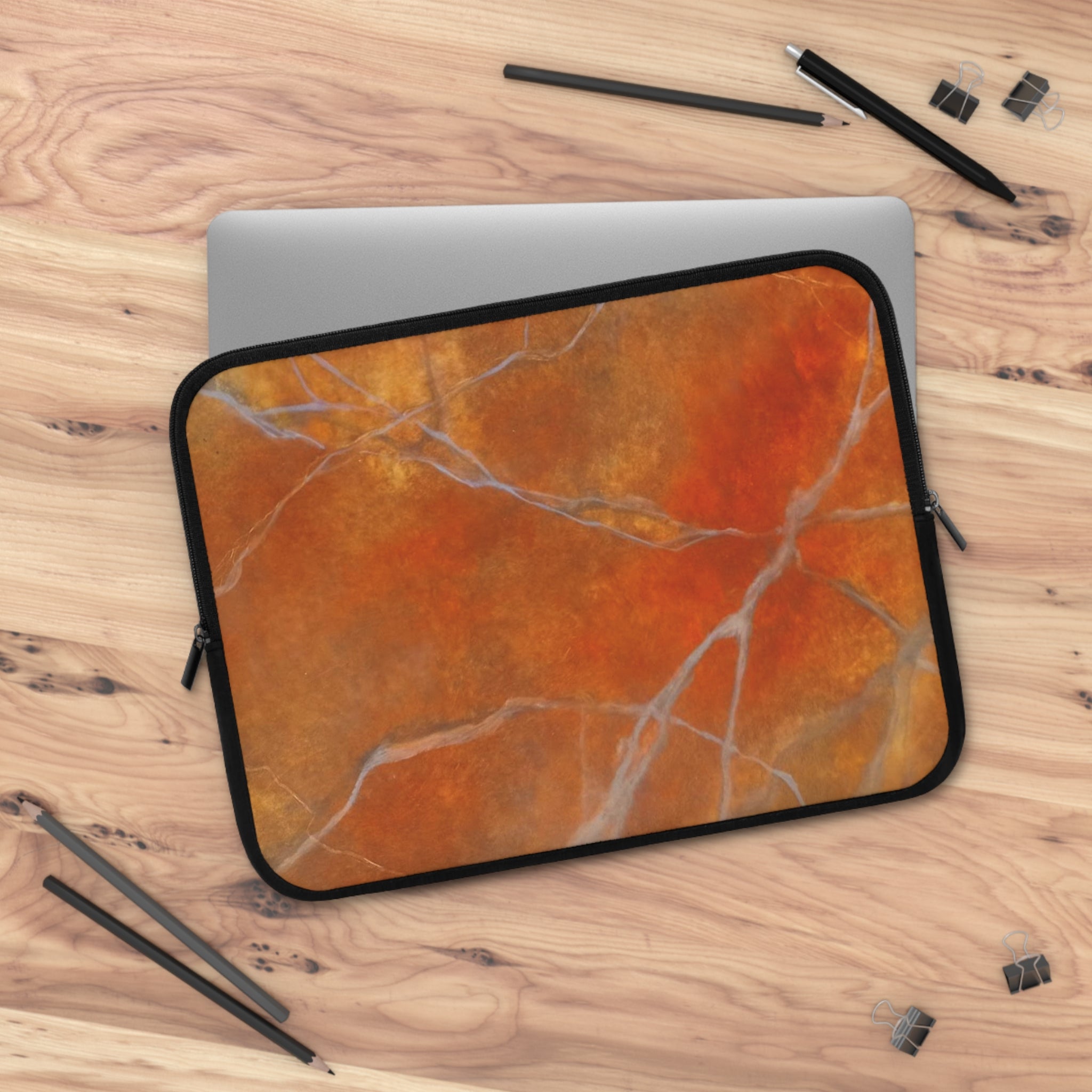 Stylish Laptop Sleeve in Red/Orange Modern Marble Design by Studio Blitz