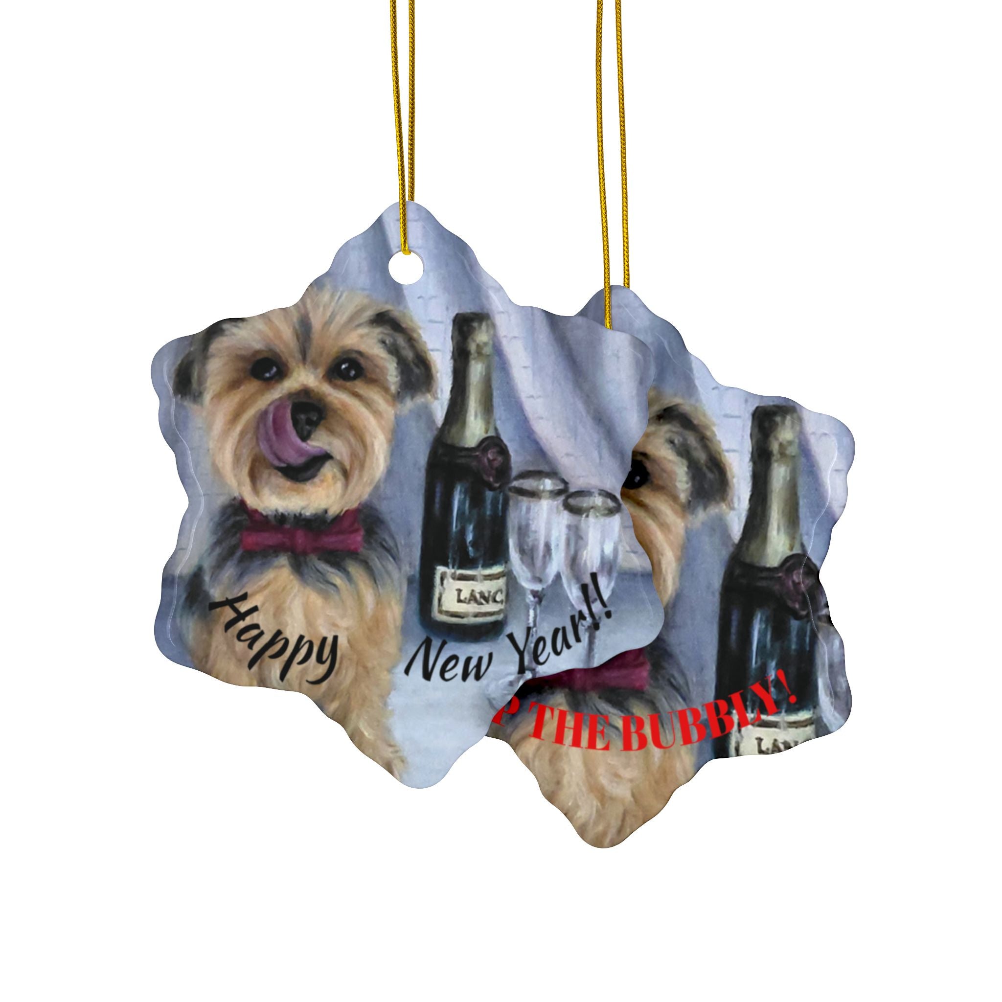 Yorkie 'Pop the Bubbly' Ceramic Ornament – Double-Sided New Year Dog Keepsake