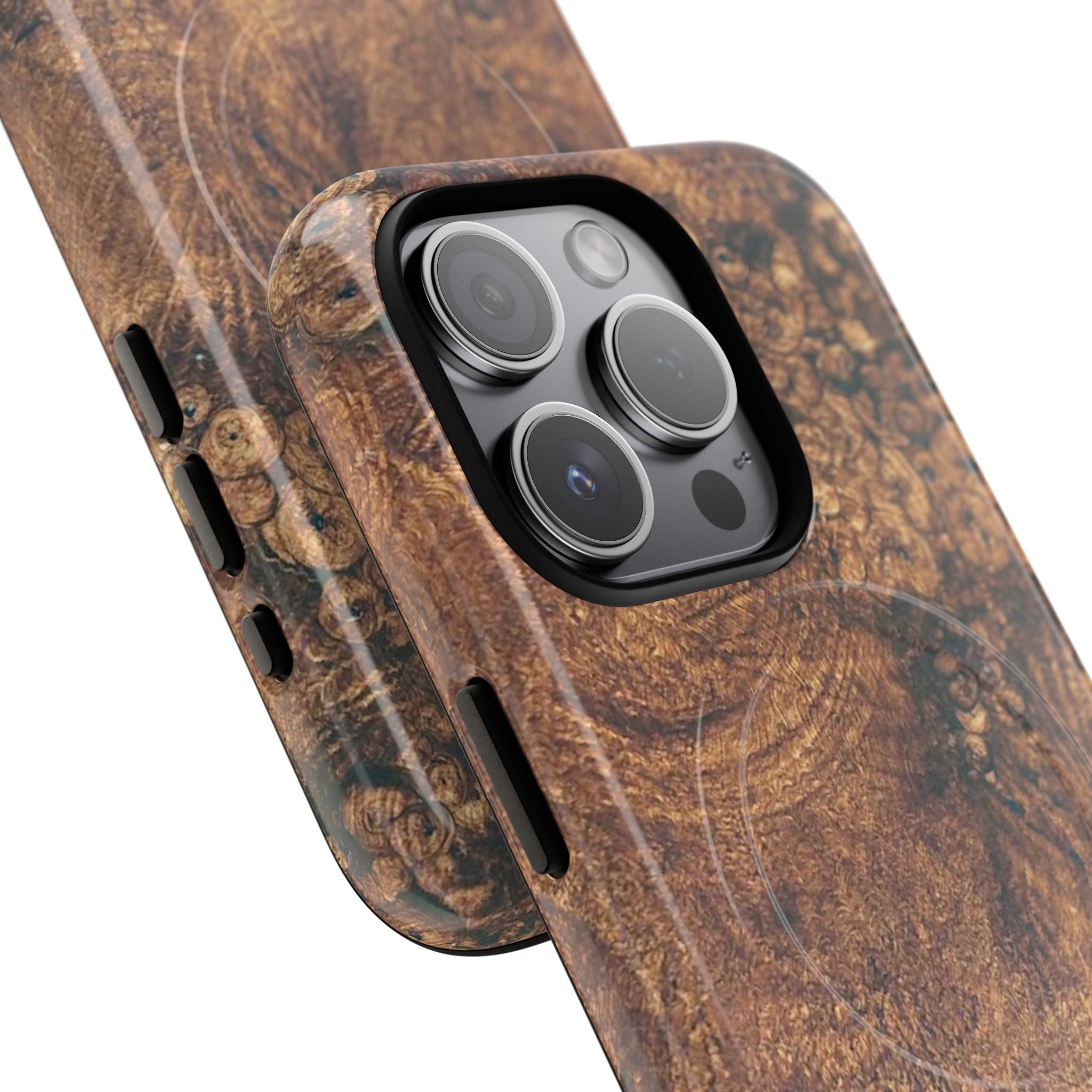 Durable Magnetic Phone Case with Unique Burl Wood Art Design by Studio Blitz that will make people take notice.