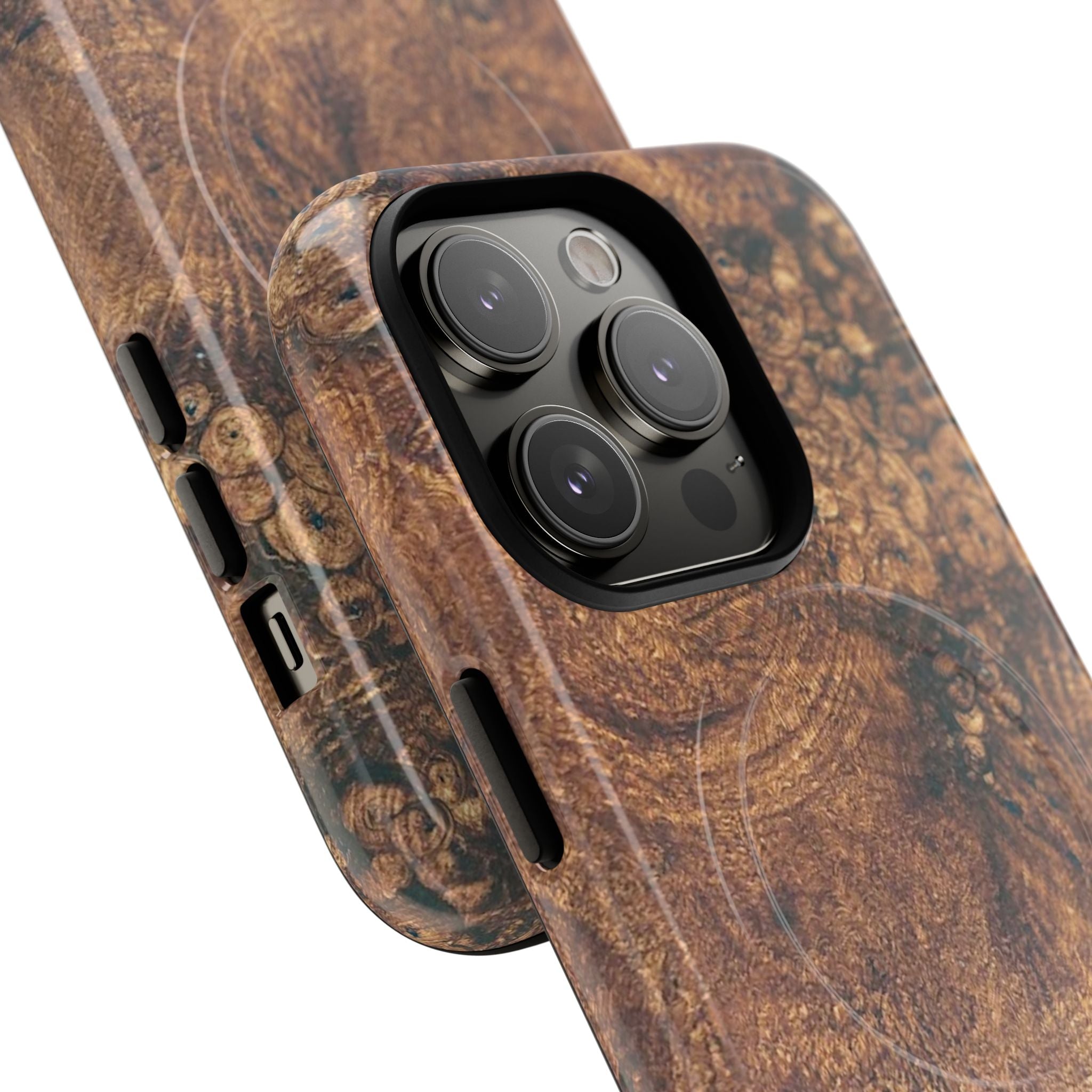 Durable Magnetic Phone Case with Unique Burl Wood Art Design by Studio Blitz that will make people take notice.