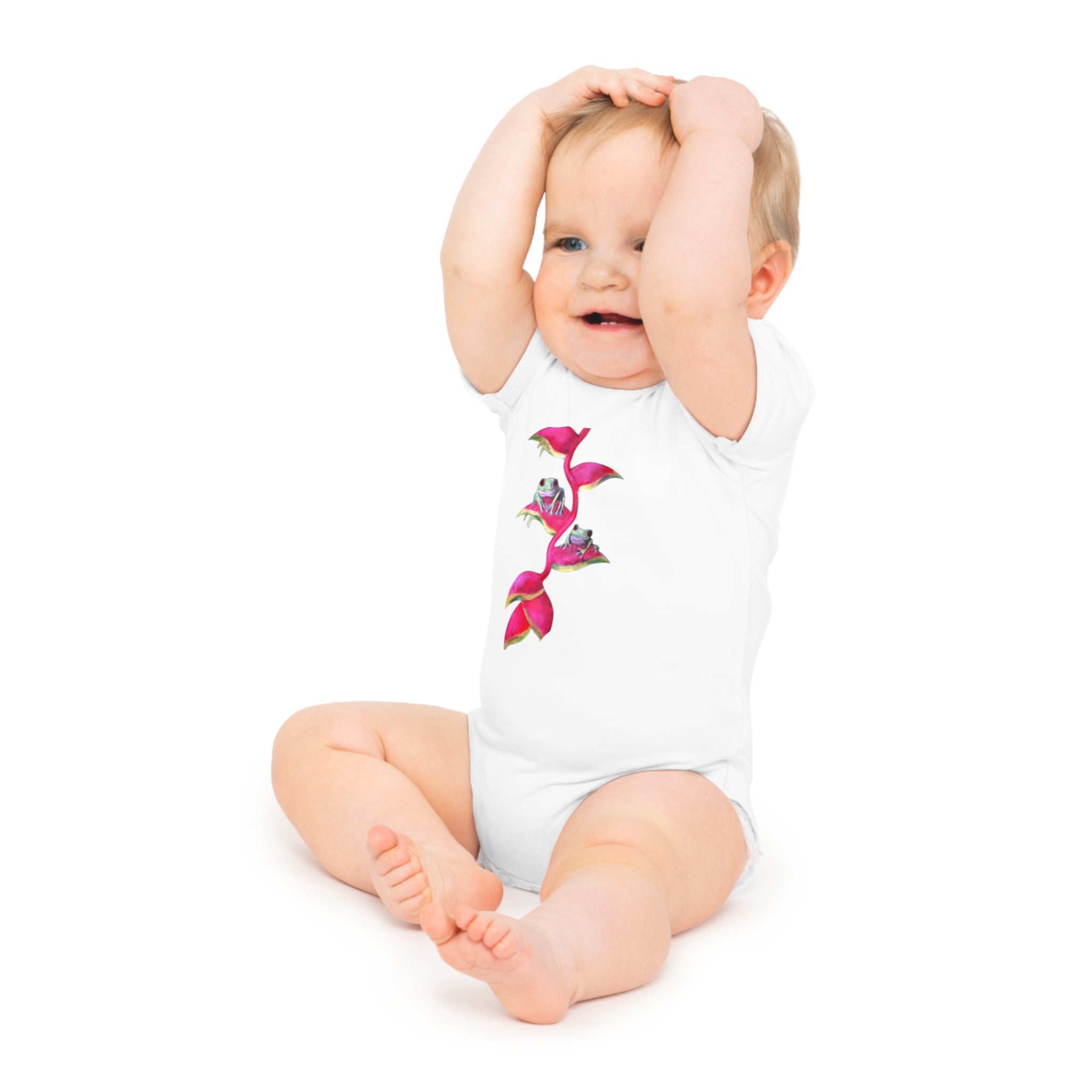 Cute Baby Bodysuit adorned with Tiny Tropical Frogs