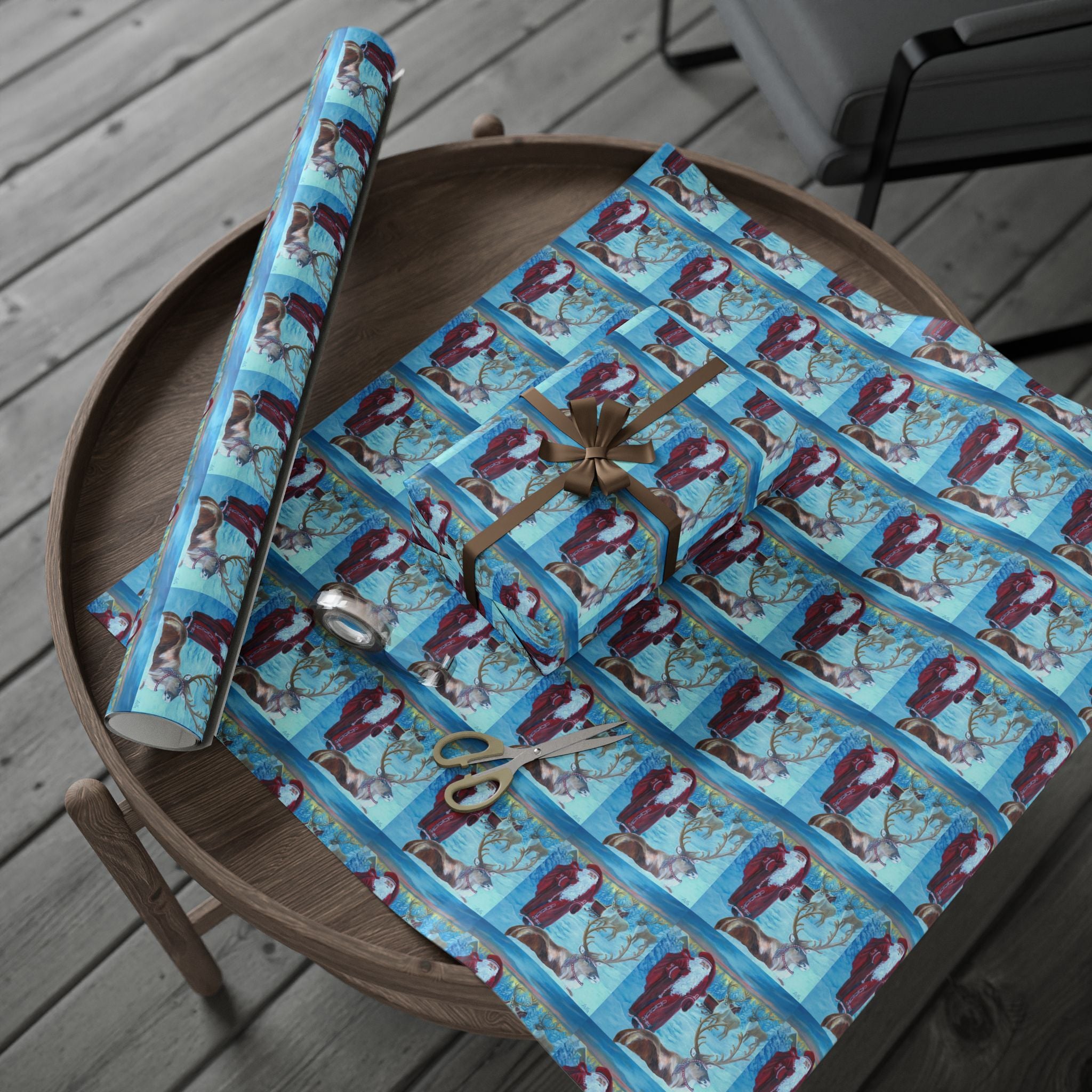 Holiday Wrapping Paper - Vintage Santa and Reindeer at the North Pole - Matte or Glossy Finish