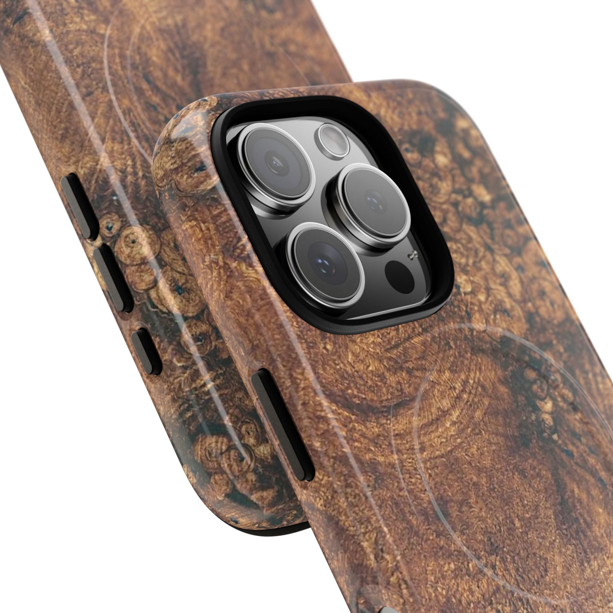 Durable Magnetic Phone Case with Unique Burl Wood Art Design by Studio Blitz that will make people take notice.