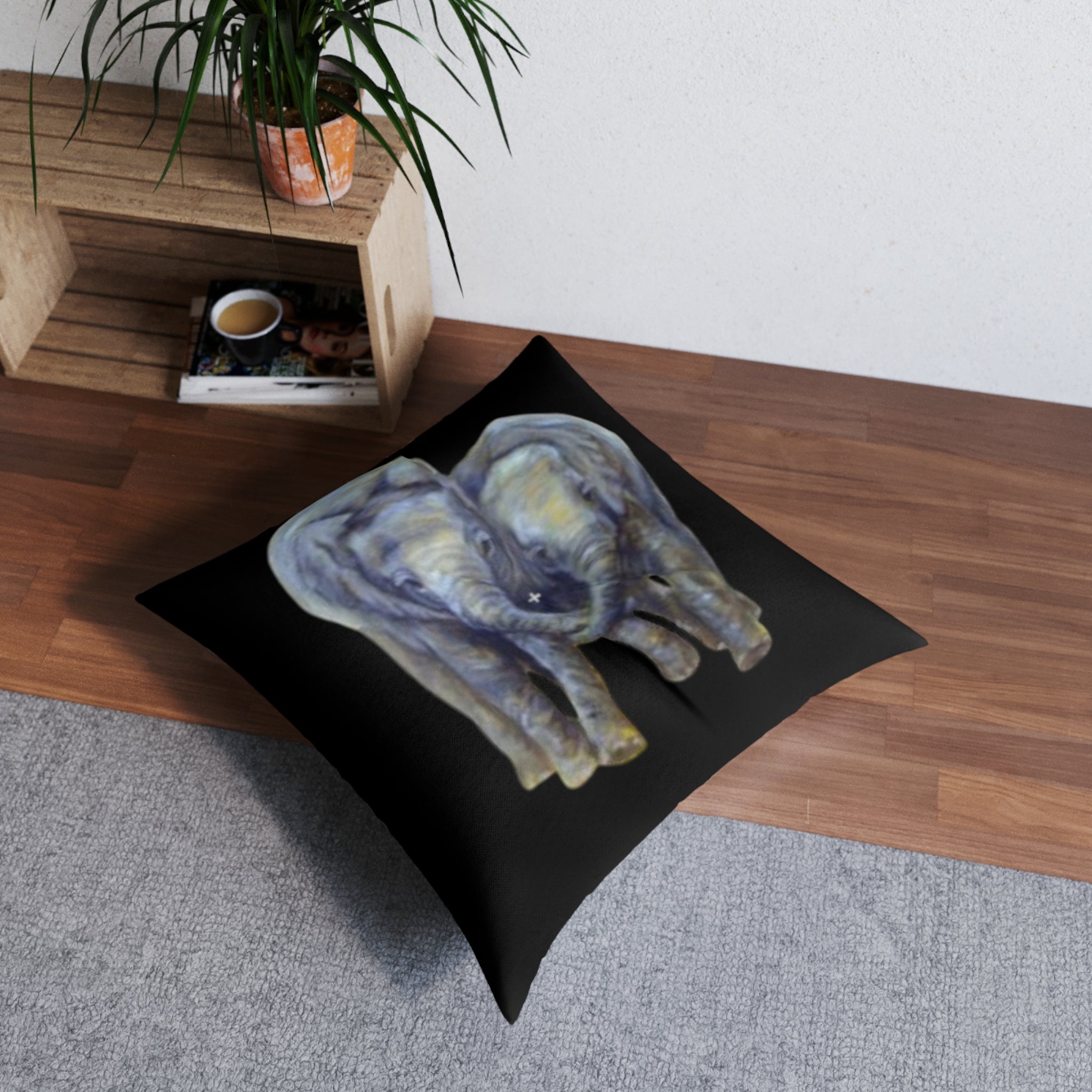 Black Tufted Floor Pillow - Elephant Lovers Painted by Studio Blitz