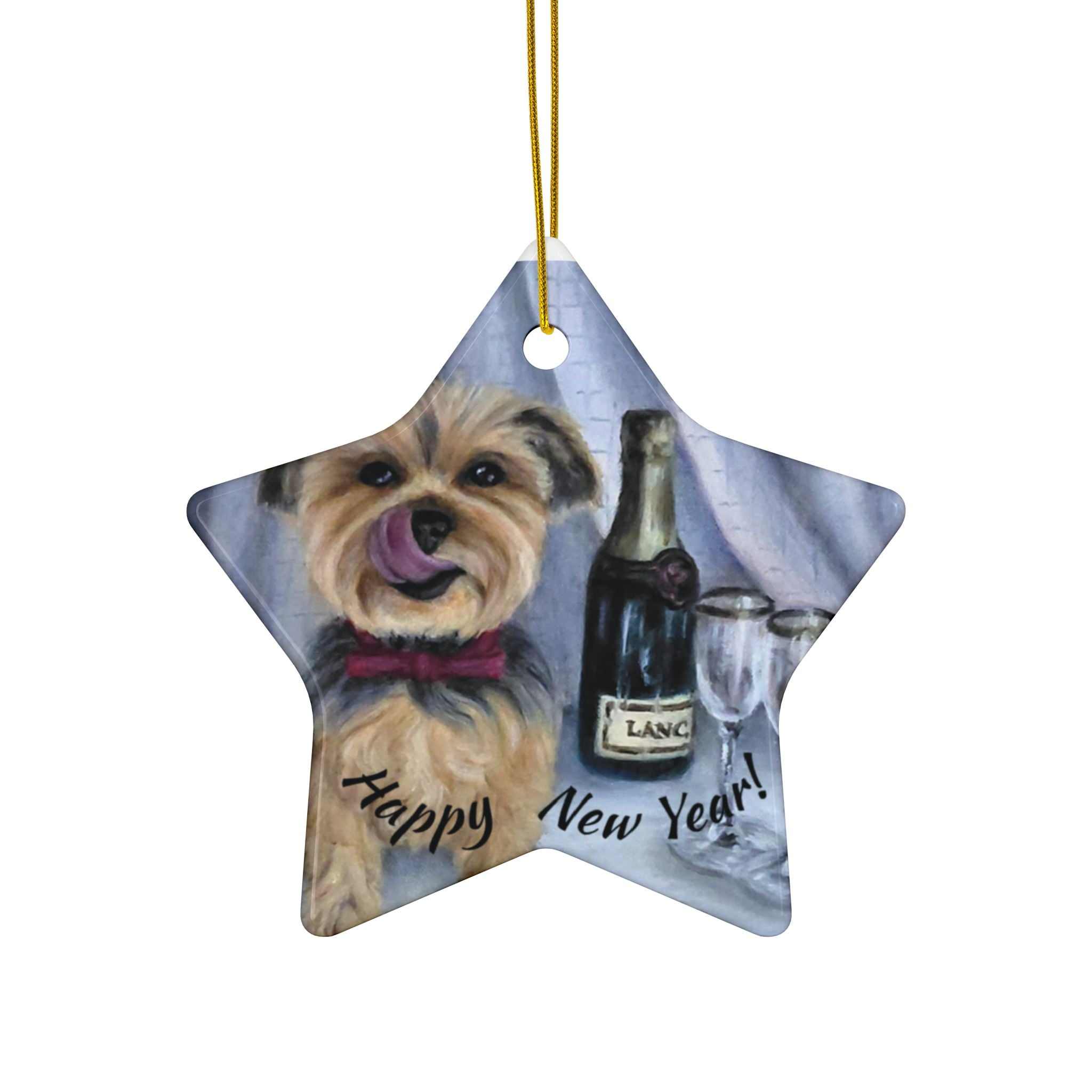Yorkie 'Pop the Bubbly' Ceramic Ornament – Double-Sided New Year Dog Keepsake