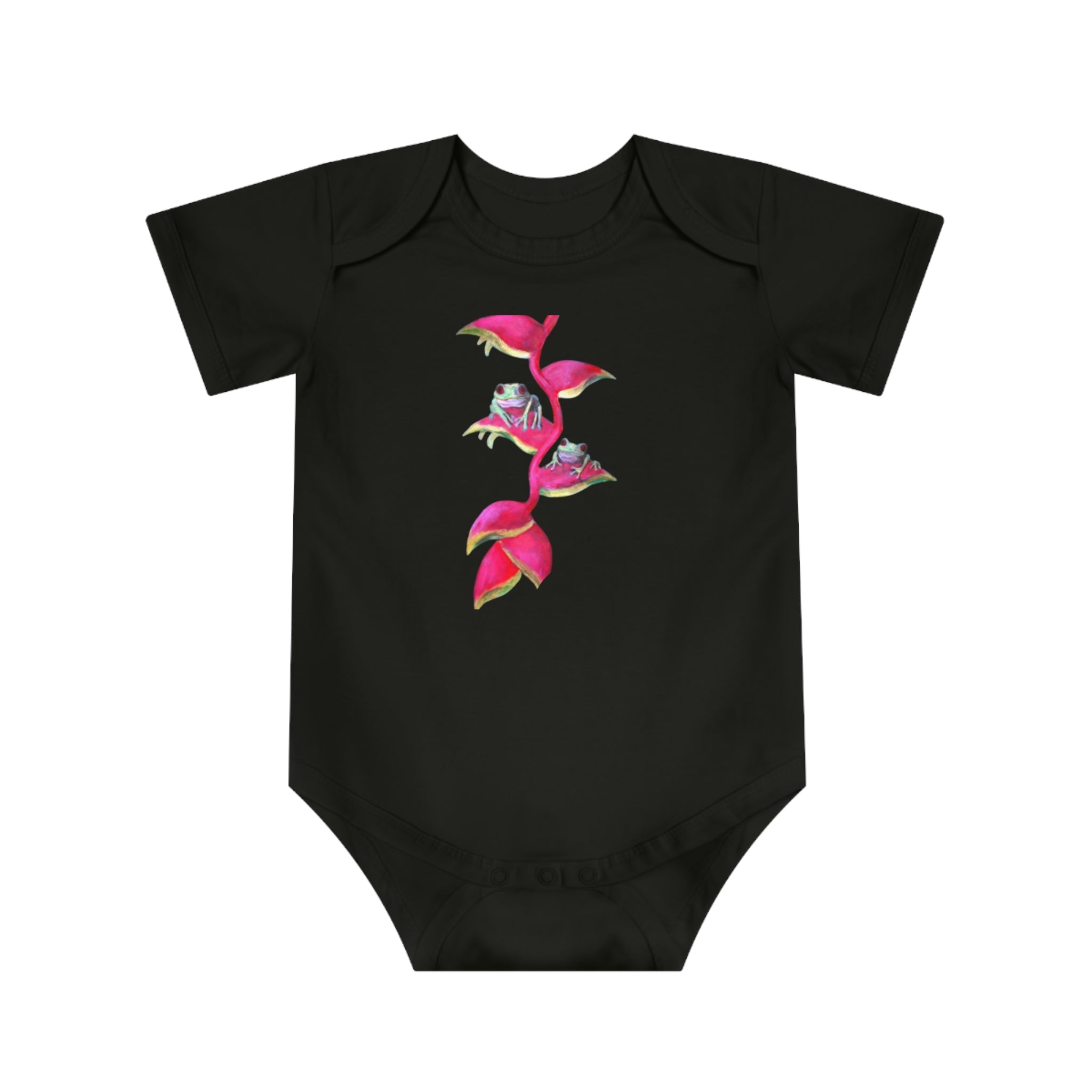 Cute Baby Bodysuit adorned with Tiny Tropical Frogs
