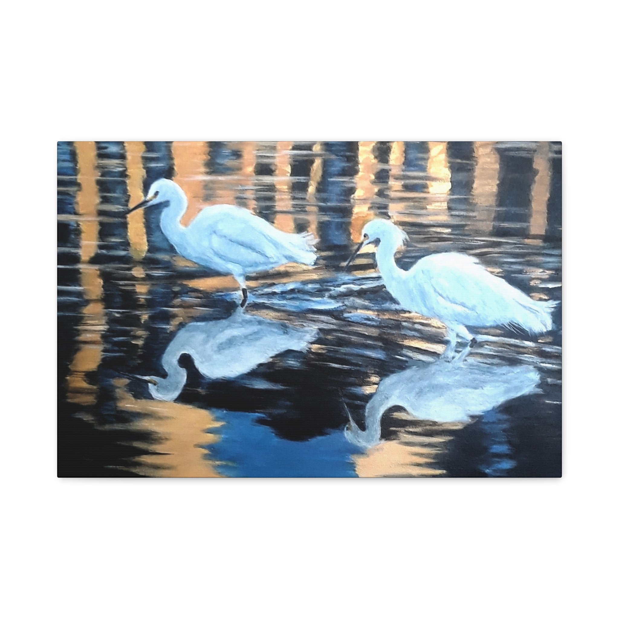 Egrets Reflections at Dusk Painted by Studio Blitz Canvas Wall Decor