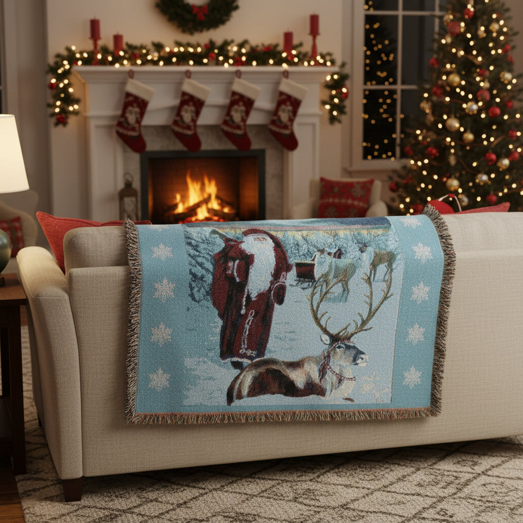 Woven Cotton Blanket - Vintage Christmas Scene at the North Pole Holiday Throw