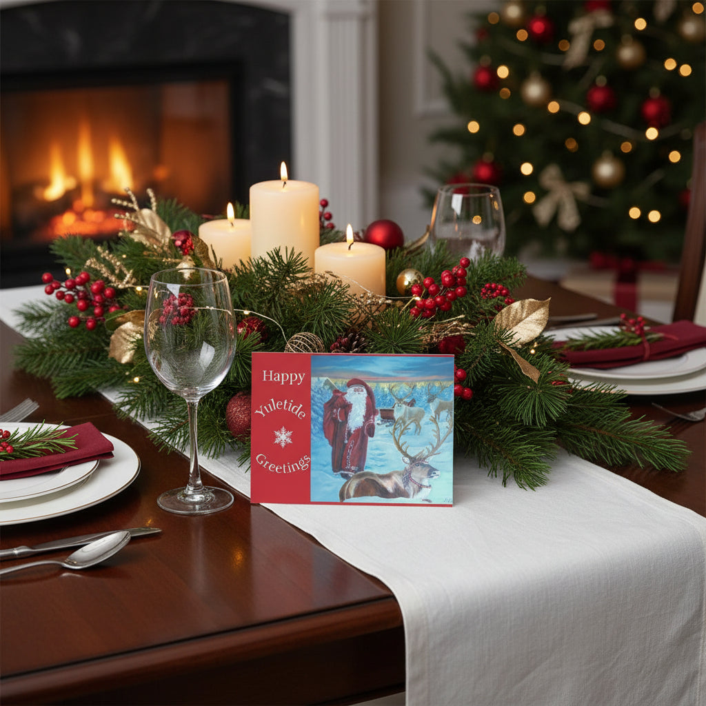 Christmas Cards - Vintage Santa and Reindeer at the North Pole hand painted by Studio Blitz