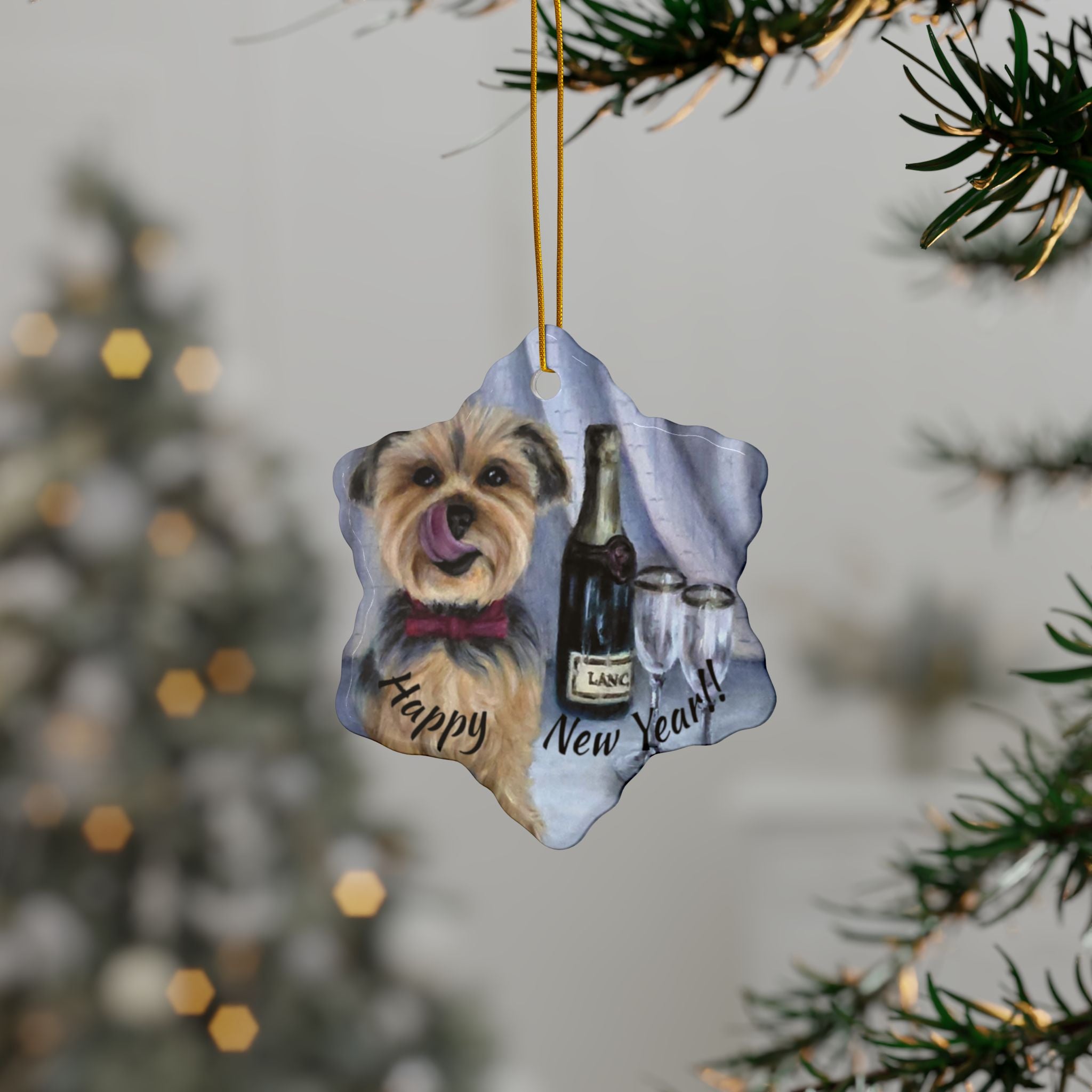 Yorkie 'Pop the Bubbly' Ceramic Ornament – Double-Sided New Year Dog Keepsake