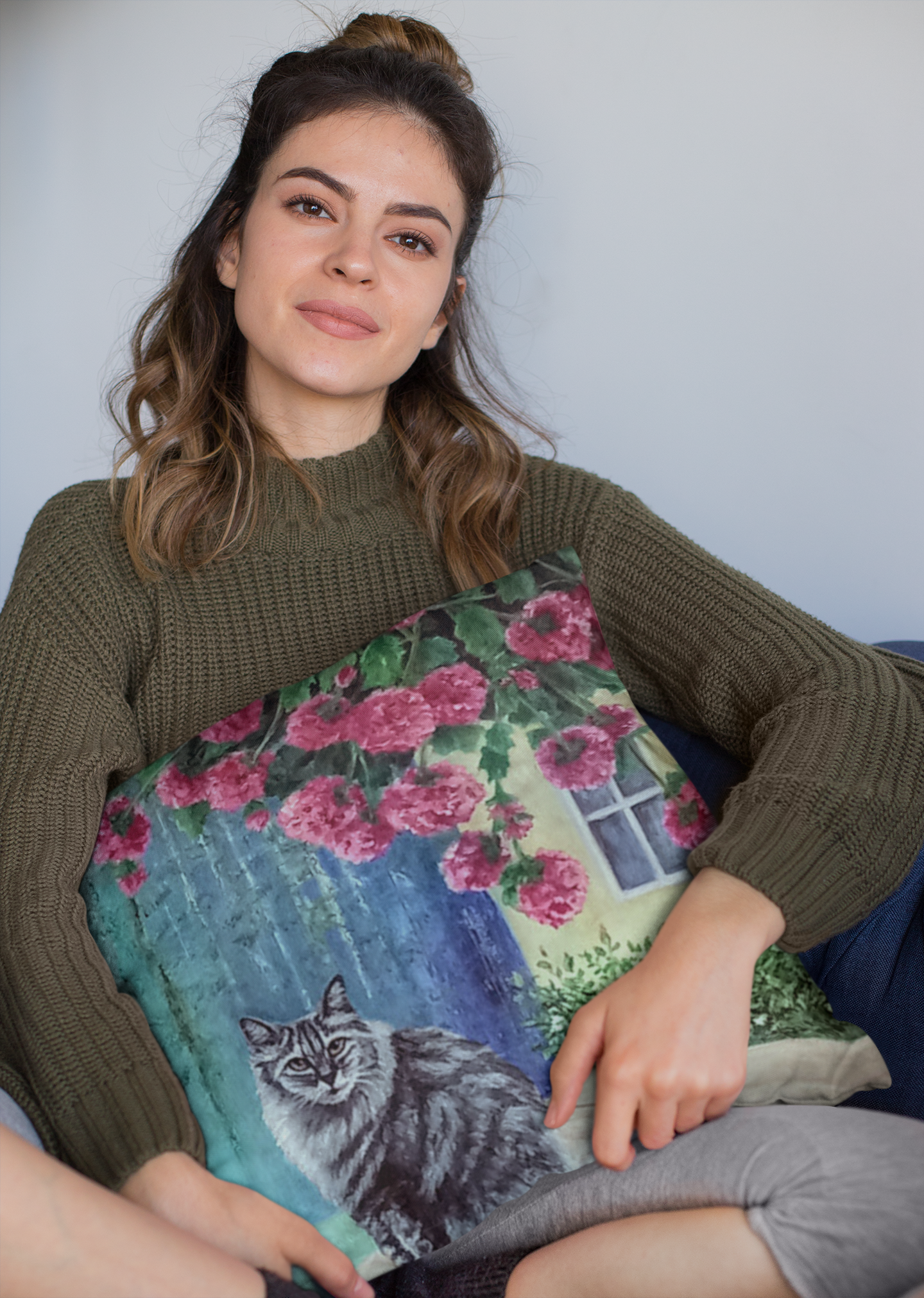 Cozy Cat & Pink Geraniums Throw Pillow